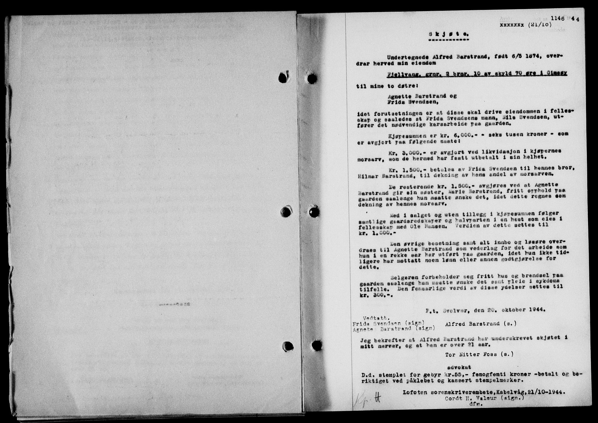 Lofoten sorenskriveri, SAT/A-0017/1/2/2C/L0012a: Mortgage book no. 12a, 1943-1944, Diary no: : 1146/1944