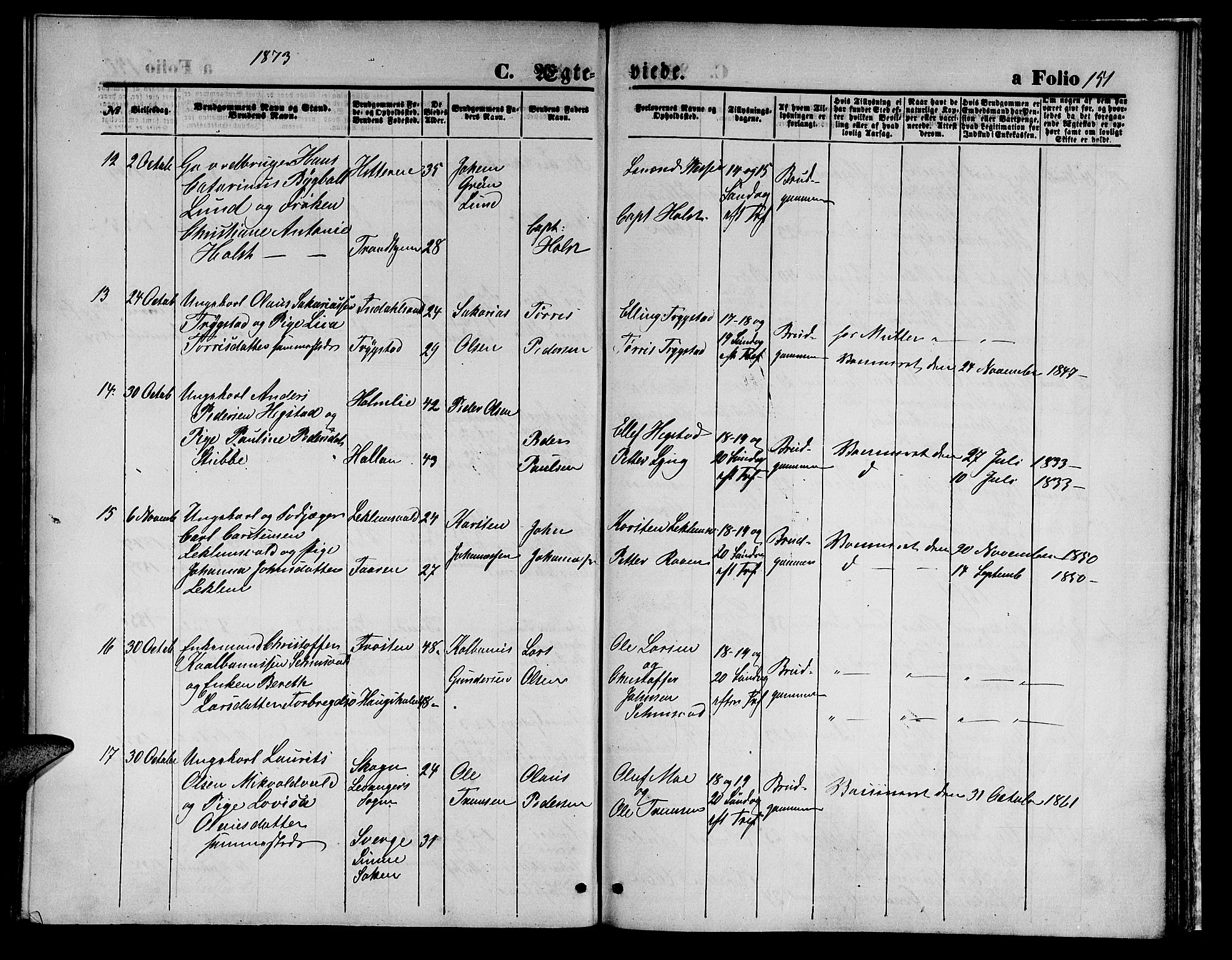 Ministerialprotokoller, klokkerbøker og fødselsregistre - Nord-Trøndelag, SAT/A-1458/723/L0255: Parish register (copy) no. 723C03, 1869-1879, p. 151