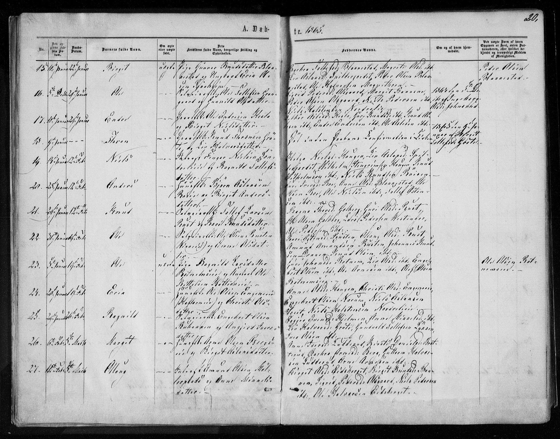 Gol kirkebøker, AV/SAKO-A-226/F/Fa/L0003: Parish register (official) no. I 3, 1863-1875, p. 20