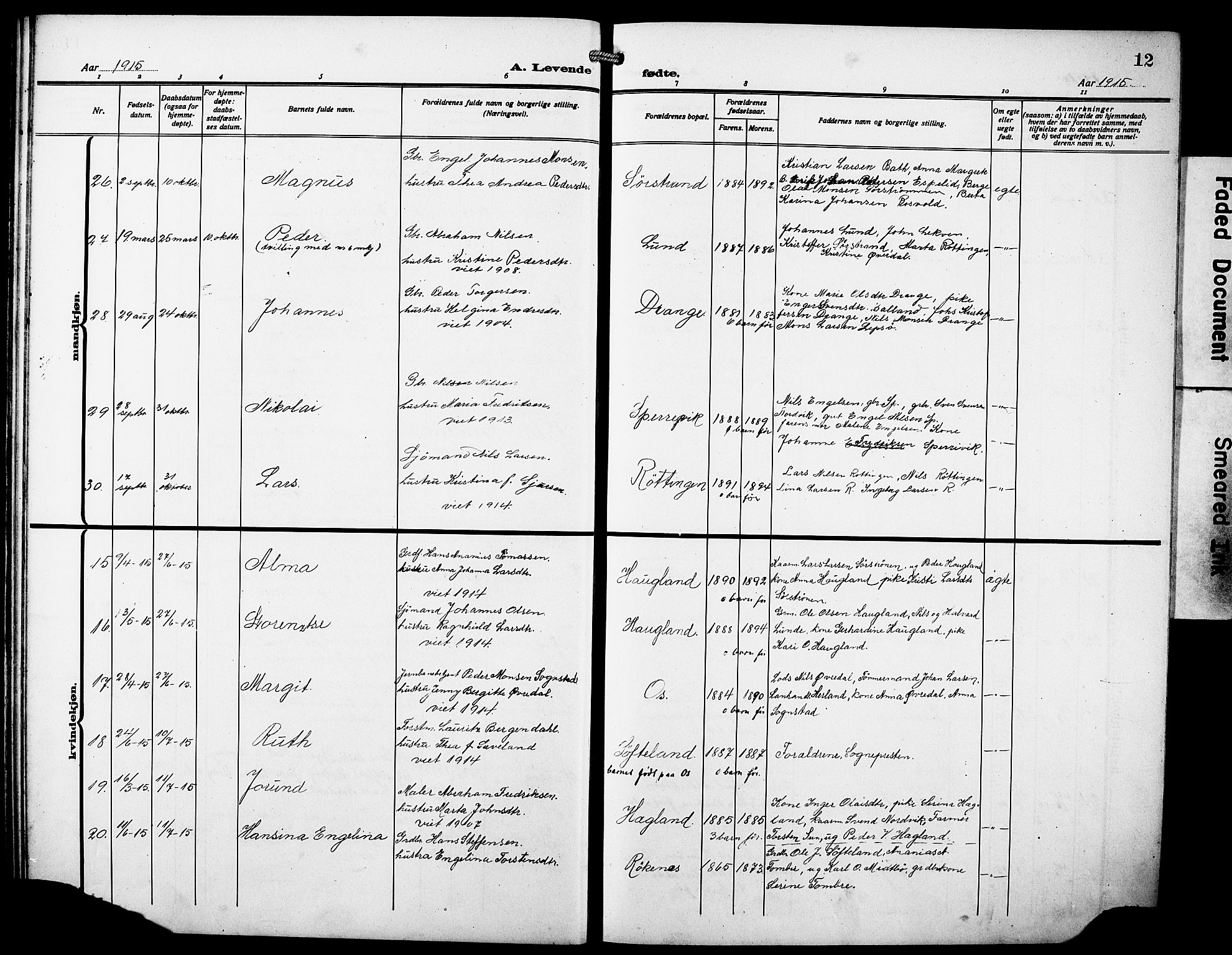 Os sokneprestembete, AV/SAB-A-99929: Parish register (copy) no. A 4, 1914-1923, p. 12