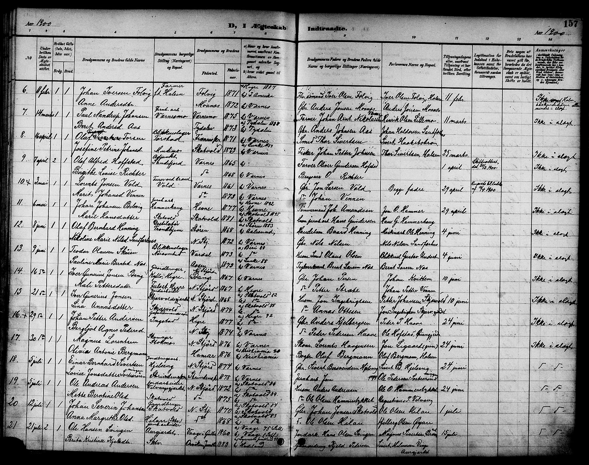 Ministerialprotokoller, klokkerbøker og fødselsregistre - Nord-Trøndelag, SAT/A-1458/709/L0087: Parish register (copy) no. 709C01, 1892-1913, p. 157