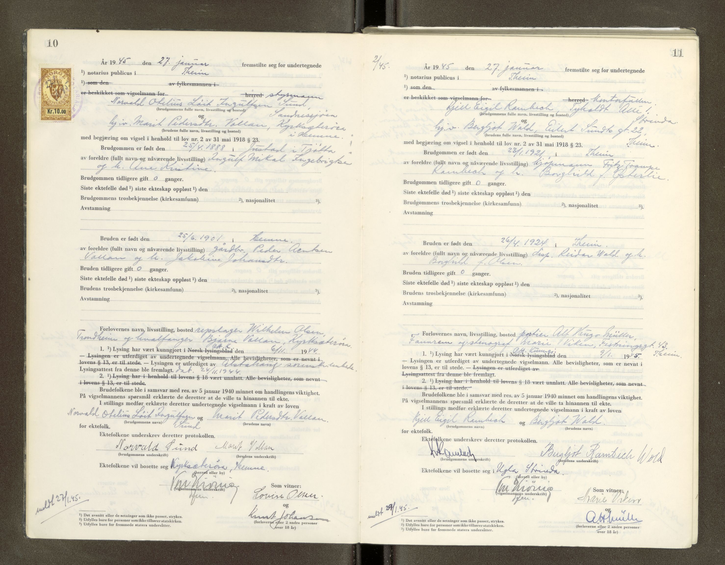 Trondheim byfogd, AV/SAT-A-0003/1/6/6D/L0005: Vigselbøker, 1944-1948, p. 10-11