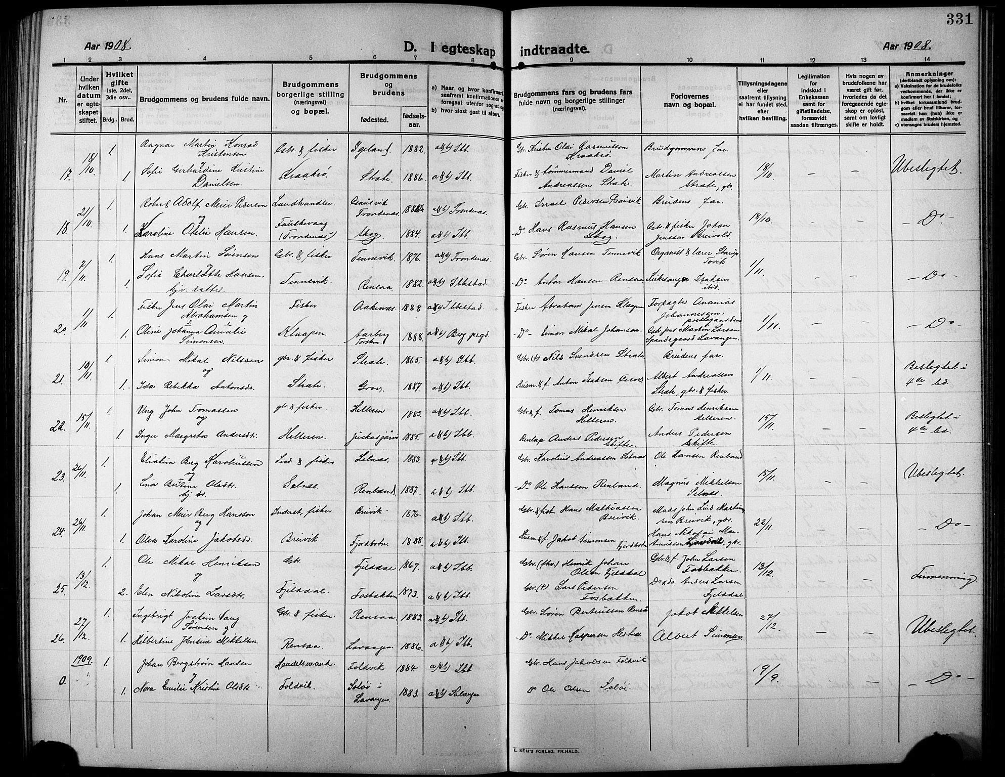 Ibestad sokneprestembete, SATØ/S-0077/H/Ha/Hab/L0009klokker: Parish register (copy) no. 9, 1902-1914, p. 331