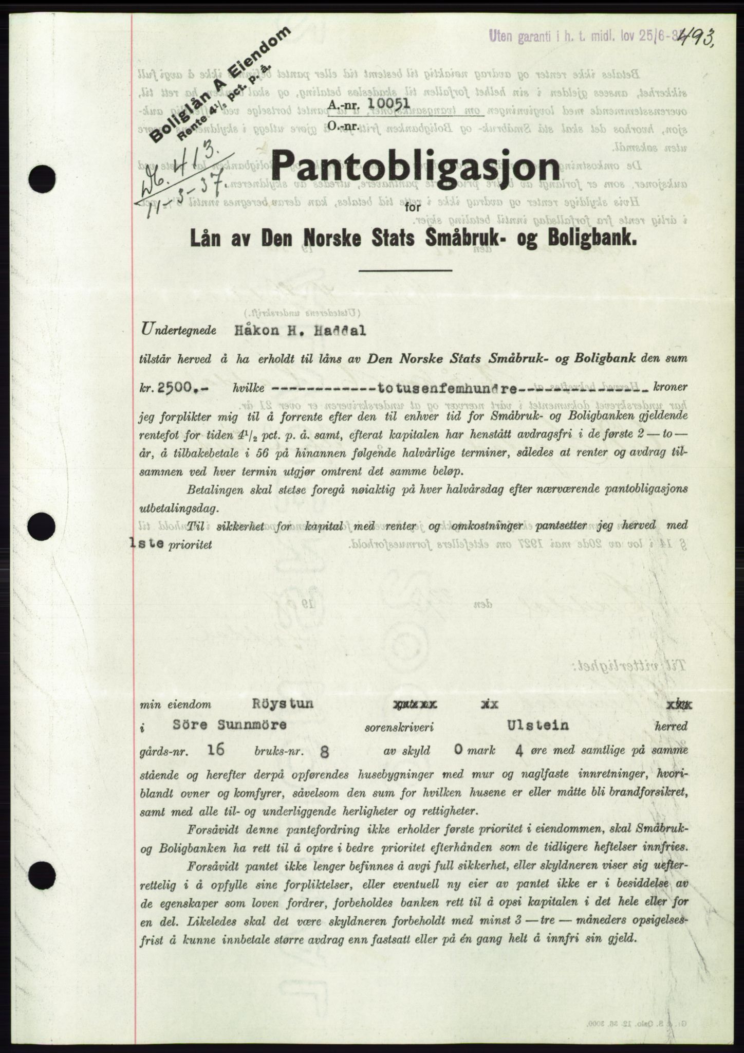 Søre Sunnmøre sorenskriveri, AV/SAT-A-4122/1/2/2C/L0062: Mortgage book no. 56, 1936-1937, Diary no: : 413/1937