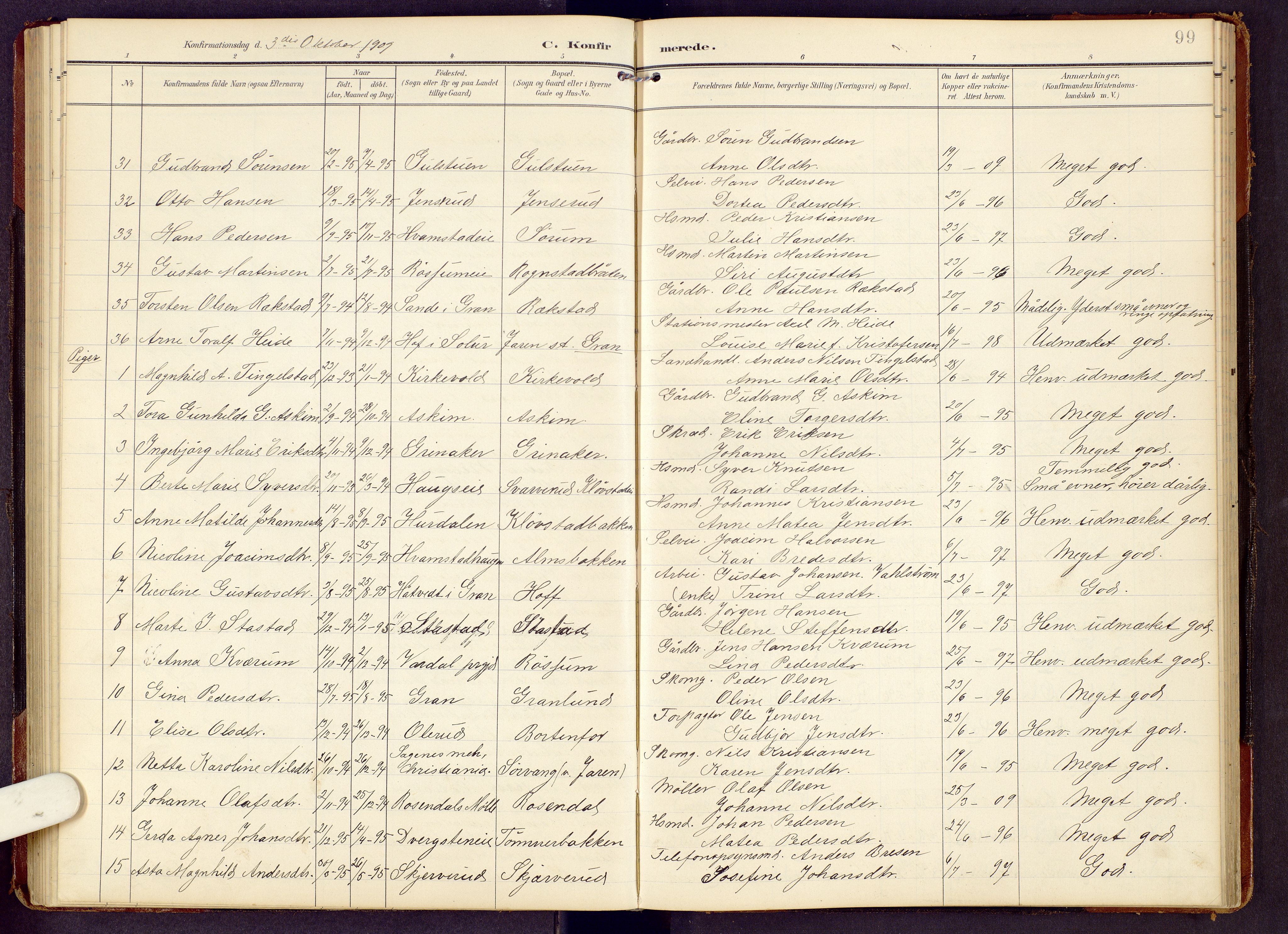 Brandbu prestekontor, SAH/PREST-114/H/Ha/Hab/L0009: Parish register (copy) no. 9, 1903-1916, p. 99