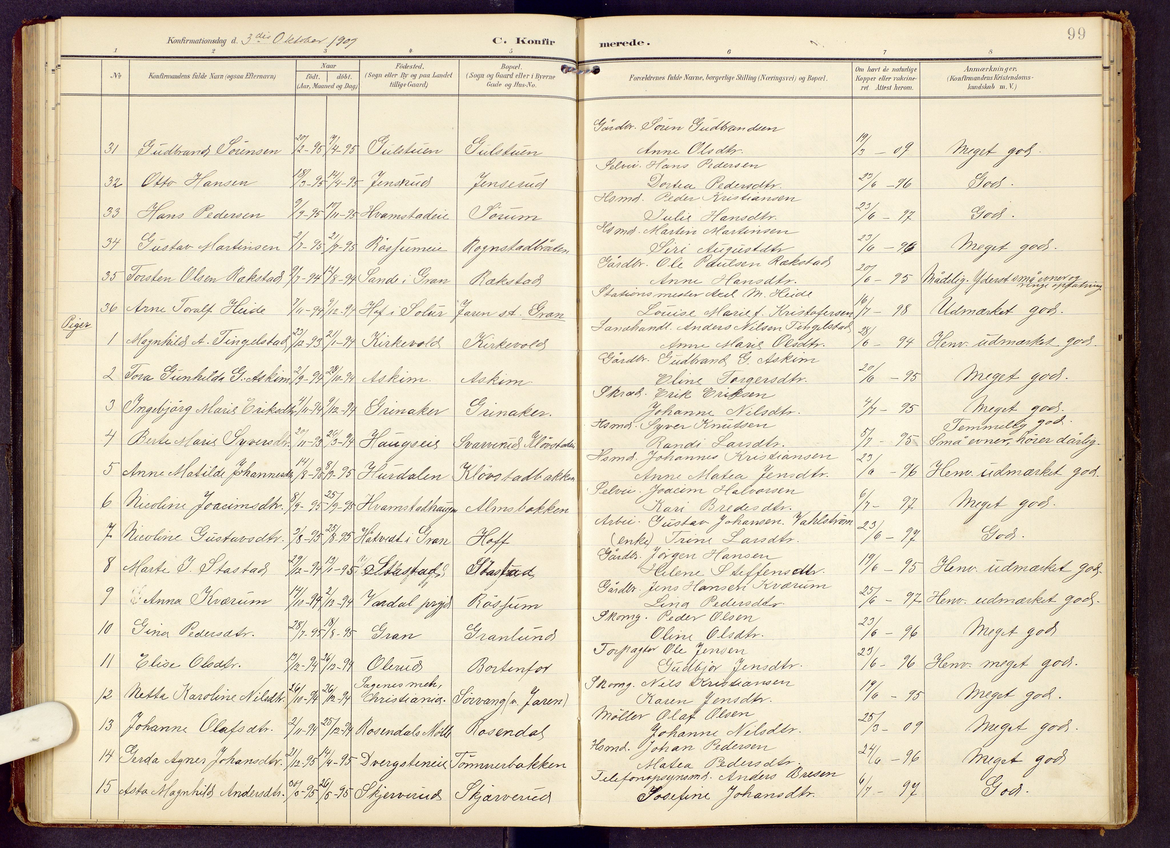 Brandbu prestekontor, AV/SAH-PREST-114/H/Ha/Hab/L0009: Parish register (copy) no. 9, 1903-1916, p. 99