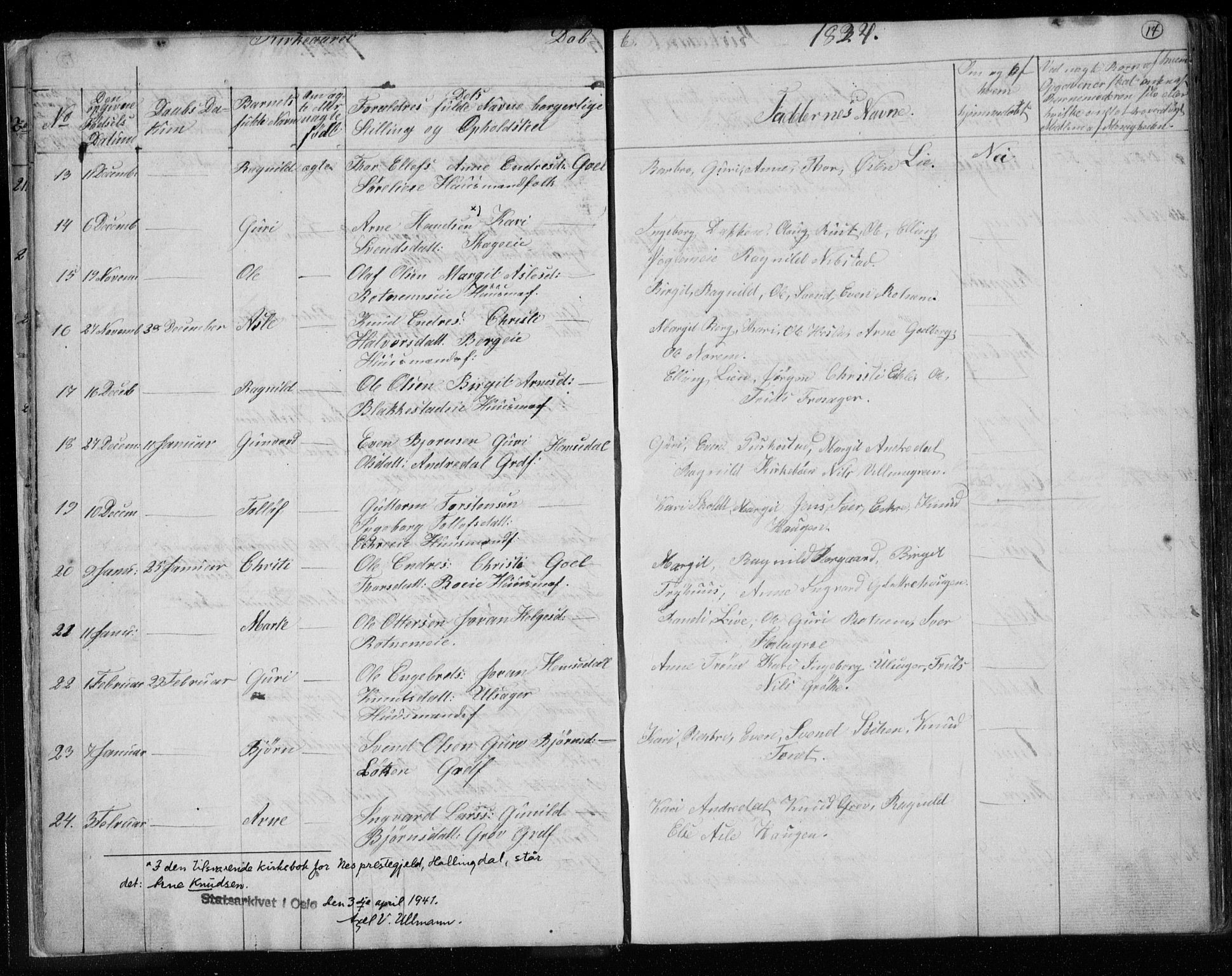 Gol kirkebøker, AV/SAKO-A-226/F/Fa/L0001: Parish register (official) no. I 1, 1821-1837, p. 14