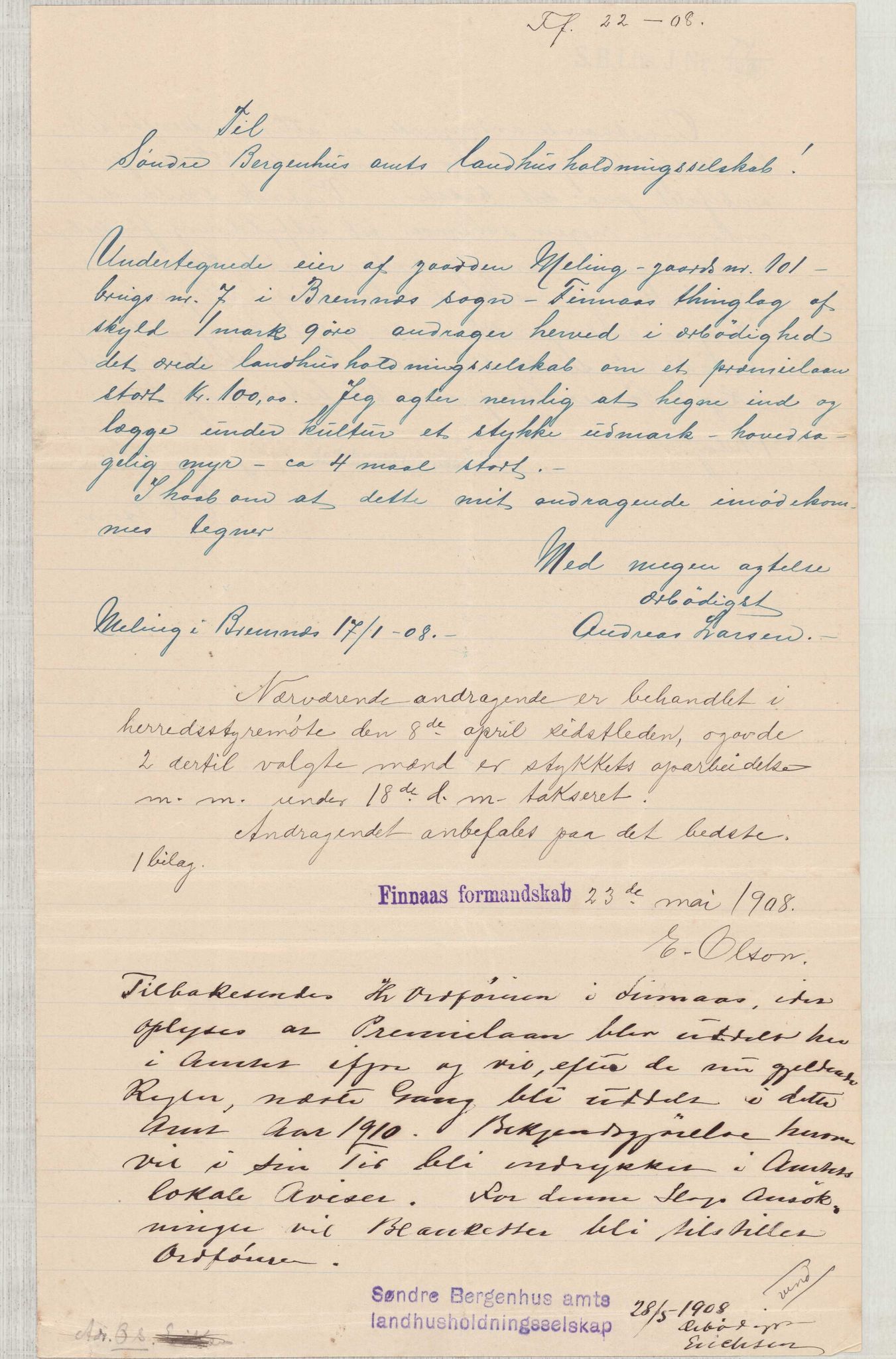 Finnaas kommune. Formannskapet, IKAH/1218a-021/D/Da/L0001/0011: Korrespondanse / saker / Kronologisk ordna korrespondanse , 1908-1912, p. 29