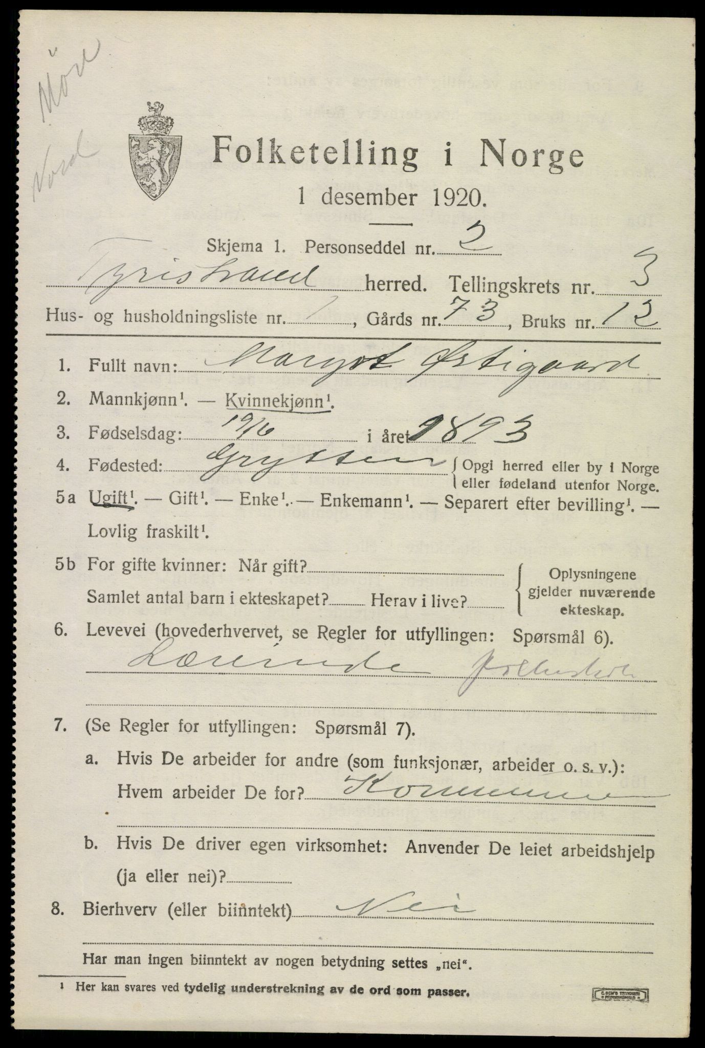 SAKO, 1920 census for Tyristrand, 1920, p. 1974