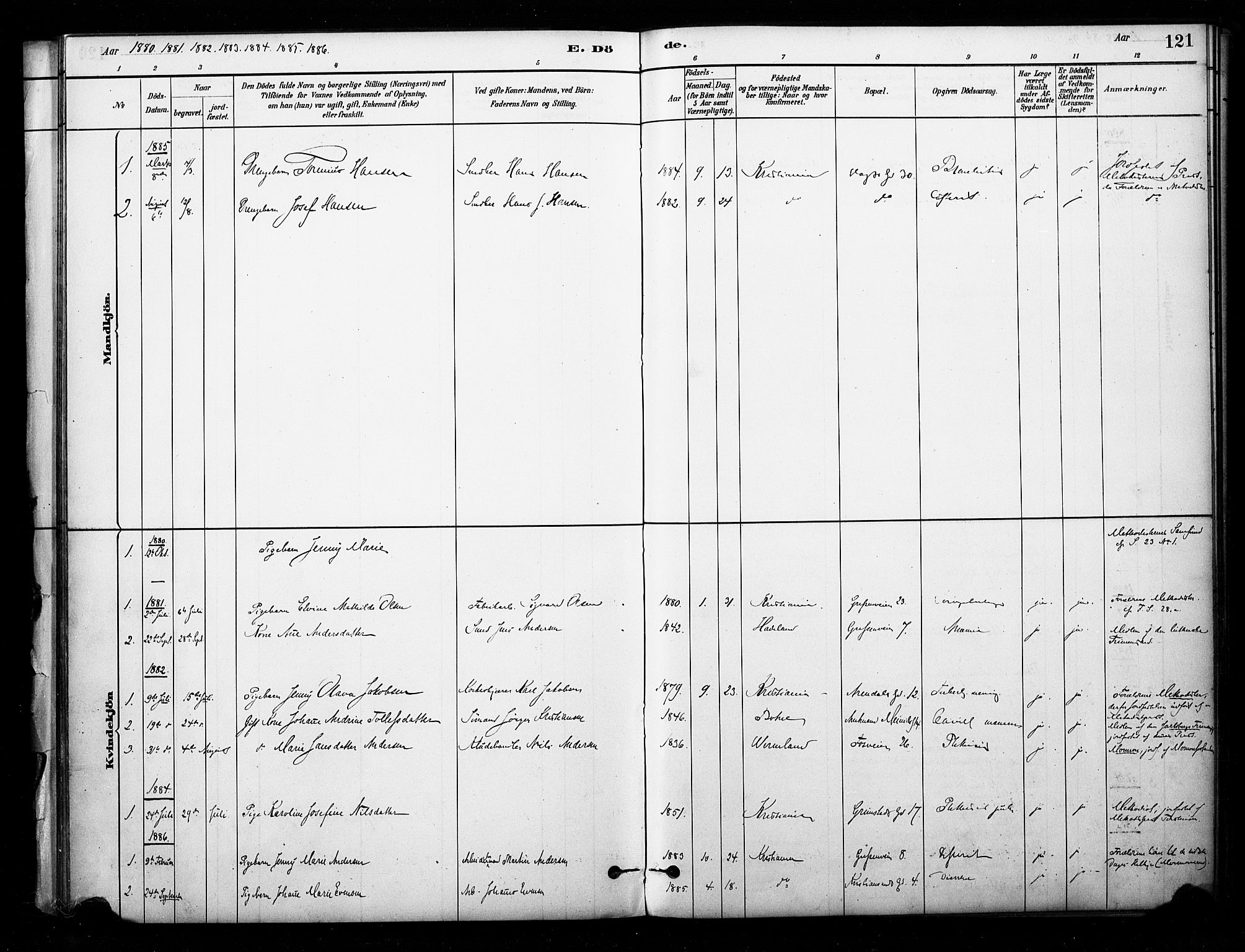 Sagene prestekontor Kirkebøker, SAO/A-10796/F/L0003: Parish register (official) no. 3, 1880-1922, p. 121