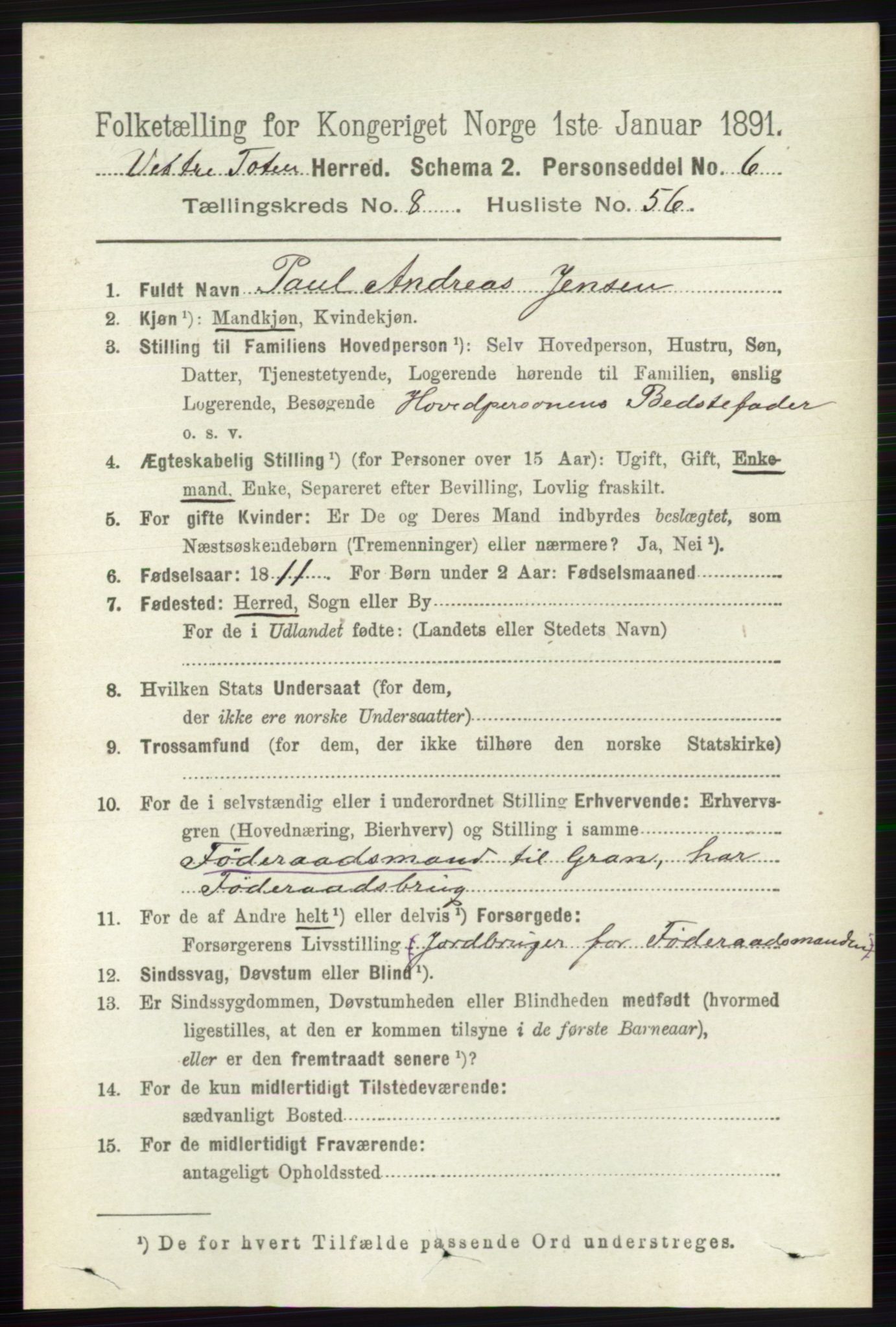 RA, 1891 census for 0529 Vestre Toten, 1891, p. 5332