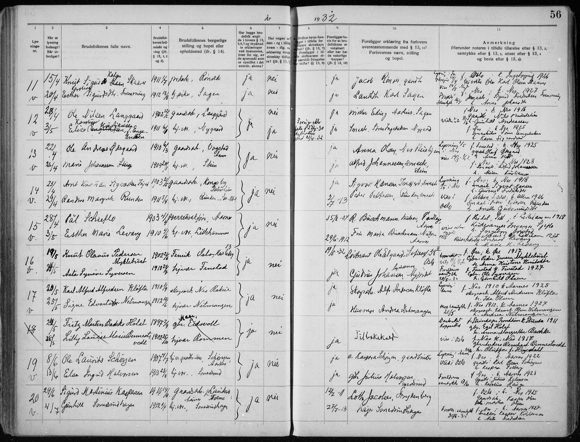 Nes prestekontor Kirkebøker, SAO/A-10410/H/L0001: Banns register no. 1, 1920-1941, p. 56