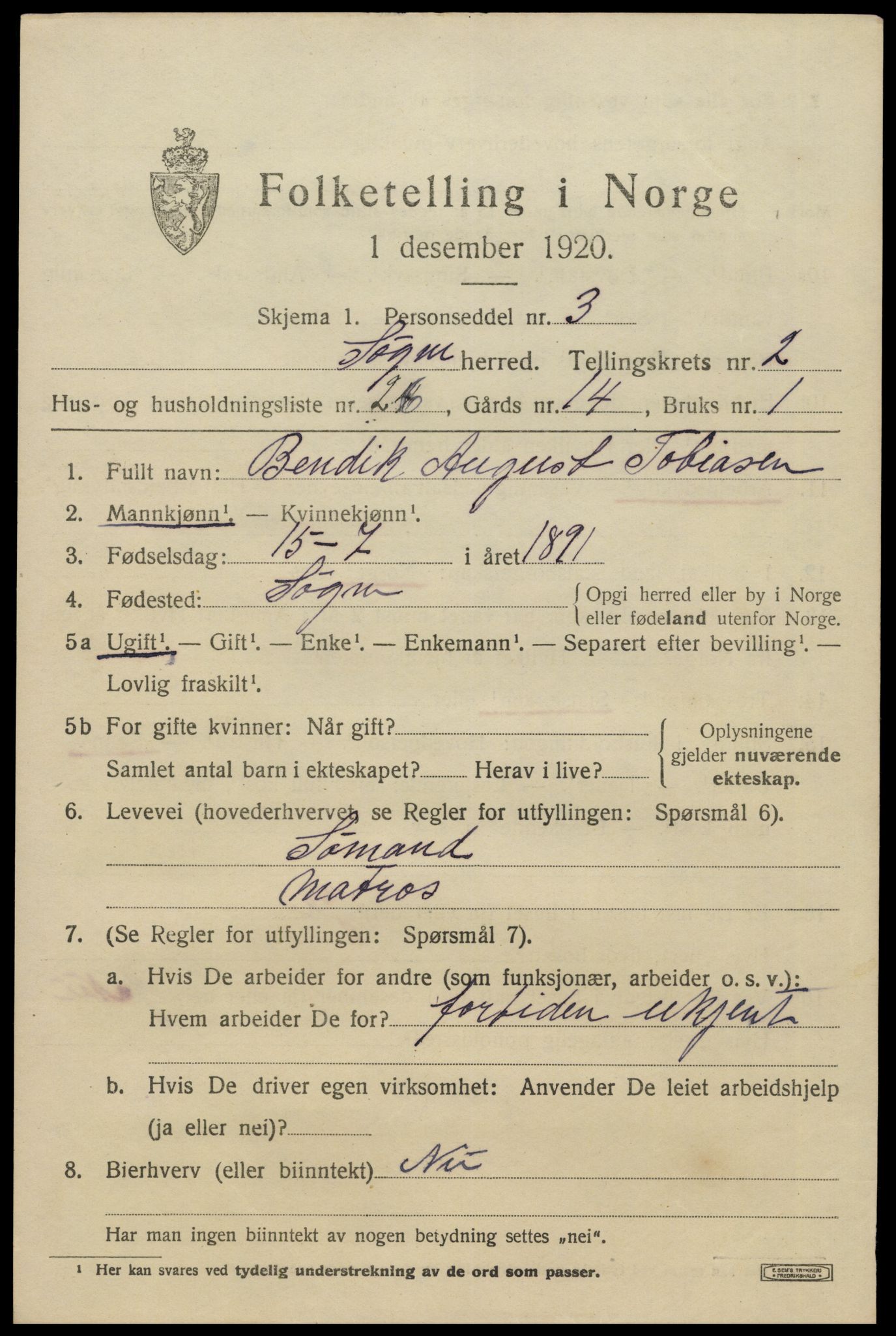 SAK, 1920 census for Søgne, 1920, p. 1639