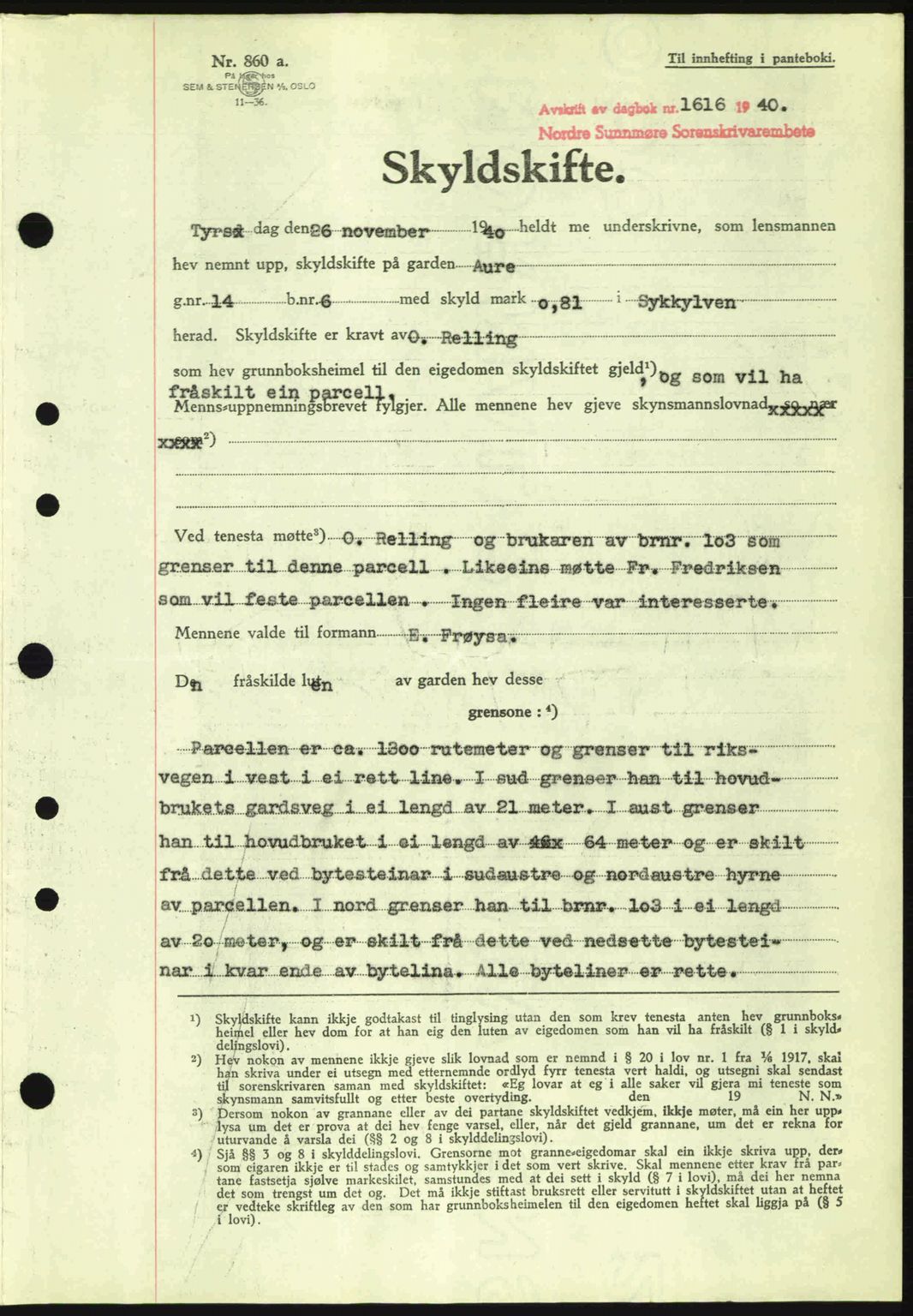 Nordre Sunnmøre sorenskriveri, AV/SAT-A-0006/1/2/2C/2Ca: Mortgage book no. A10, 1940-1941, Diary no: : 1616/1940