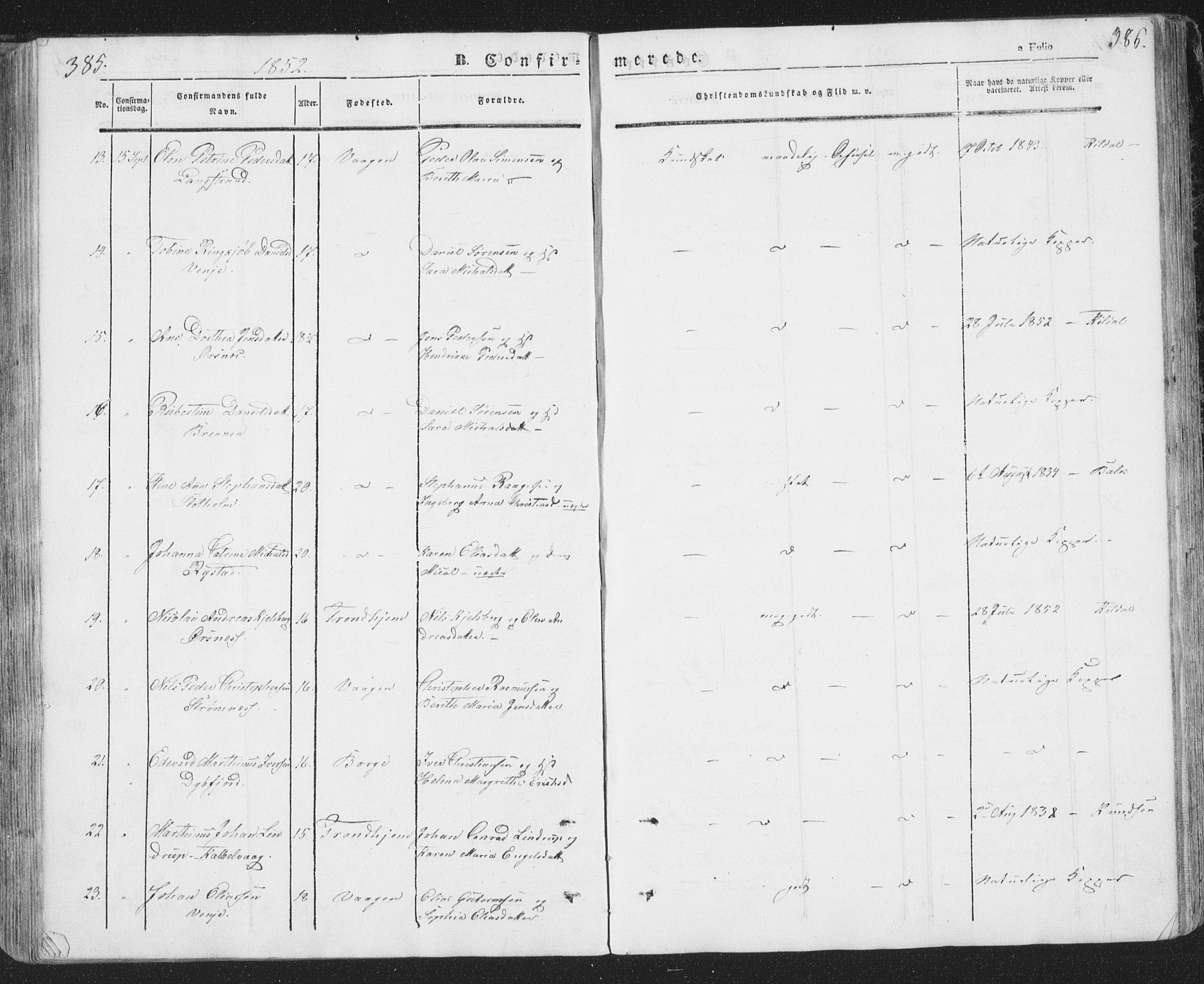 Ministerialprotokoller, klokkerbøker og fødselsregistre - Nordland, AV/SAT-A-1459/874/L1072: Parish register (copy) no. 874C01, 1843-1859, p. 385-386