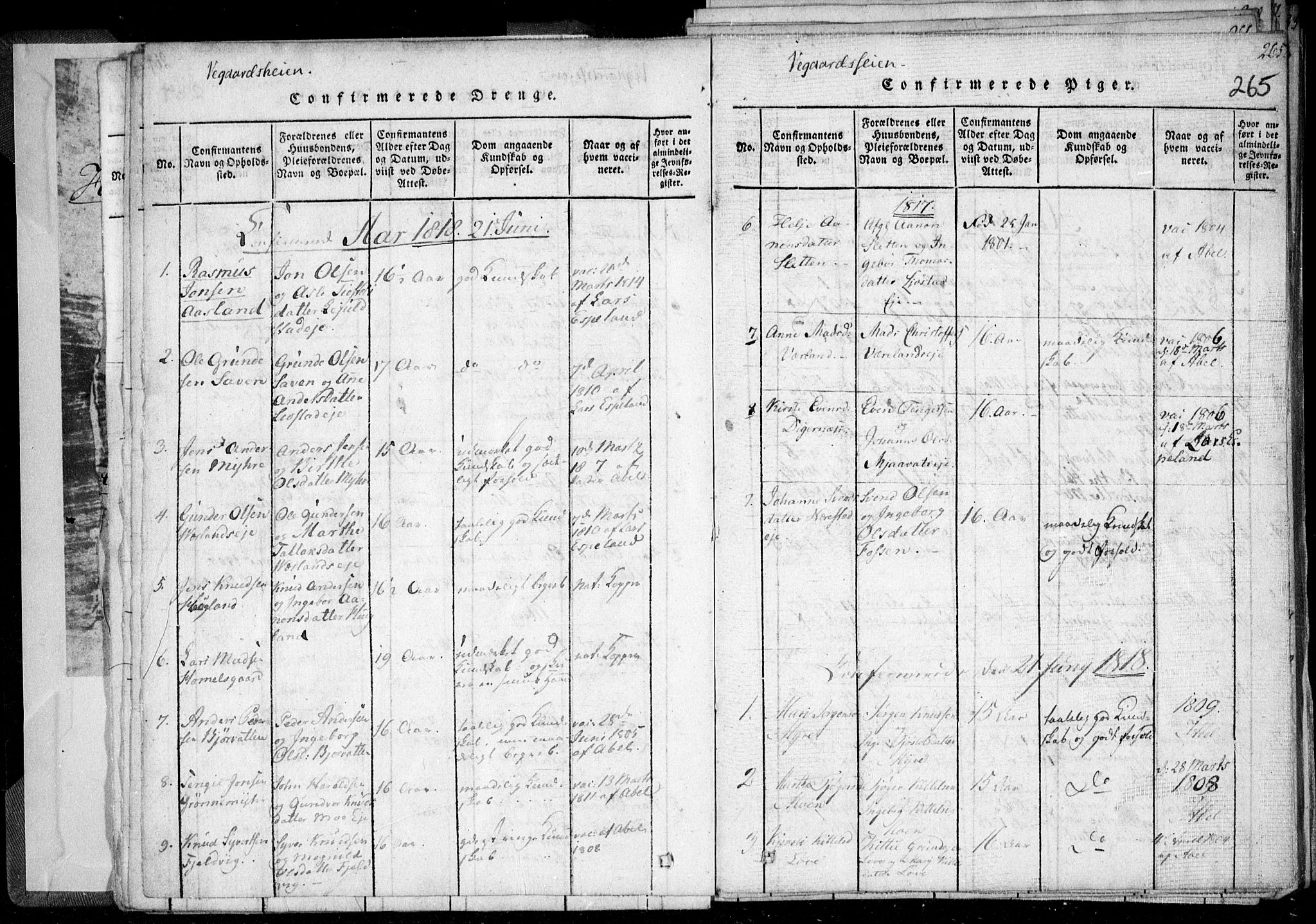 Holt sokneprestkontor, AV/SAK-1111-0021/F/Fa/L0005: Parish register (official) no. A 5, 1813-1821, p. 265