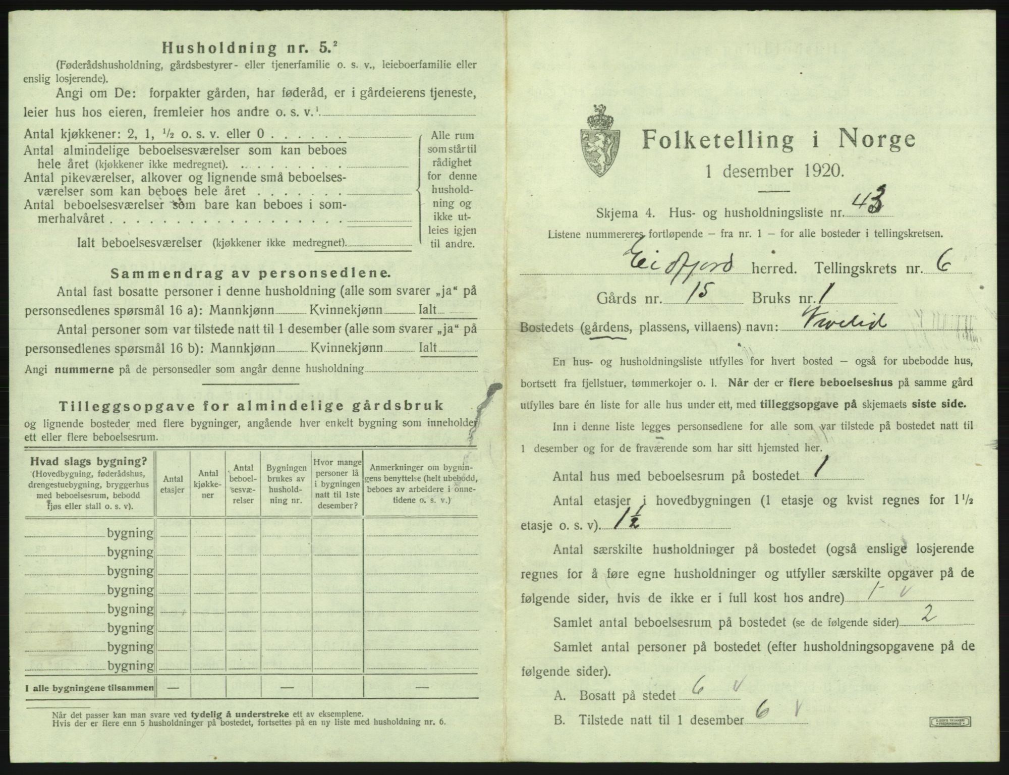 SAB, 1920 census for Eidfjord, 1920, p. 401