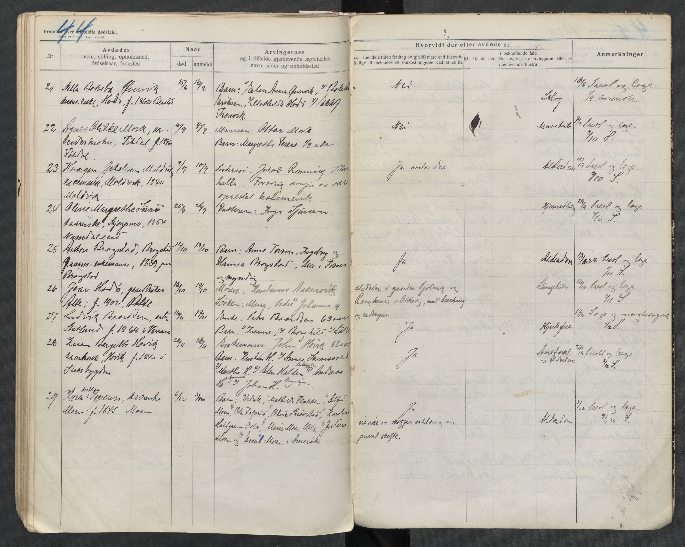Fosnes lensmannskontor , AV/SAT-A-1022/1/02/L0003: 2.01.03 Dødsfallsprotokoll for Fosnes lensmannsdistrikt, 1916-1930, p. 44