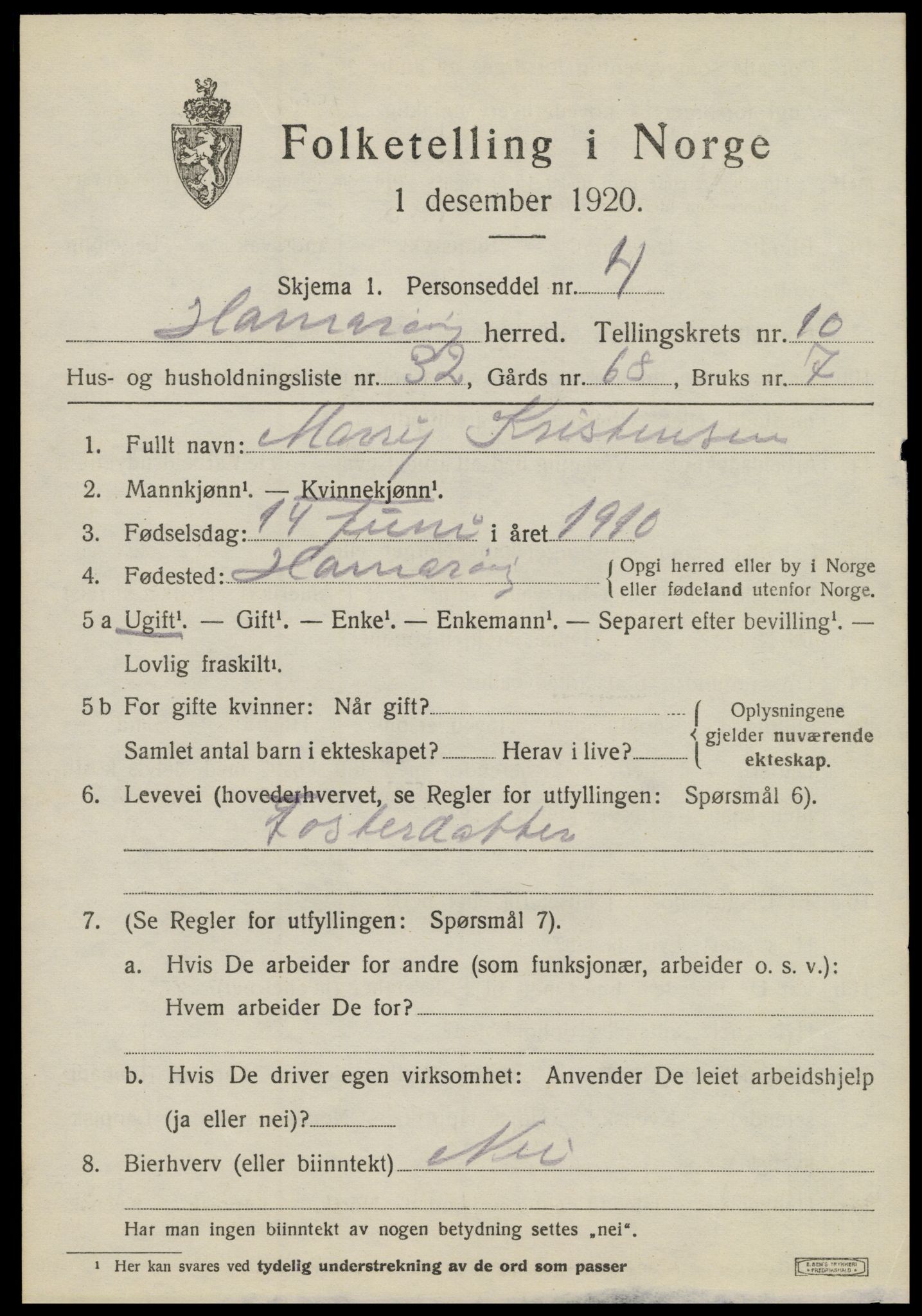 SAT, 1920 census for Hamarøy, 1920, p. 5220