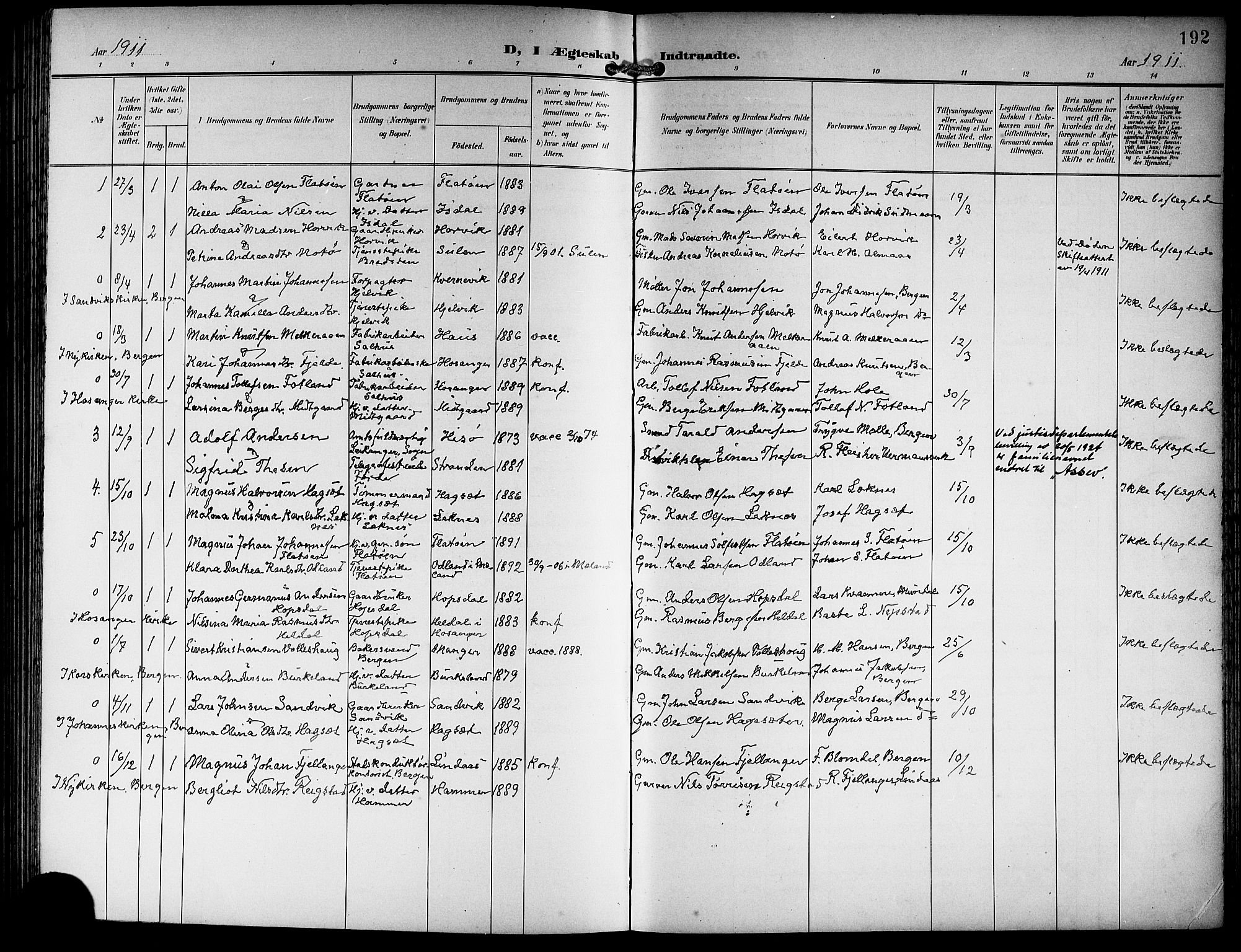 Hamre sokneprestembete, SAB/A-75501/H/Ha/Hab: Parish register (copy) no. B 4, 1898-1919, p. 192