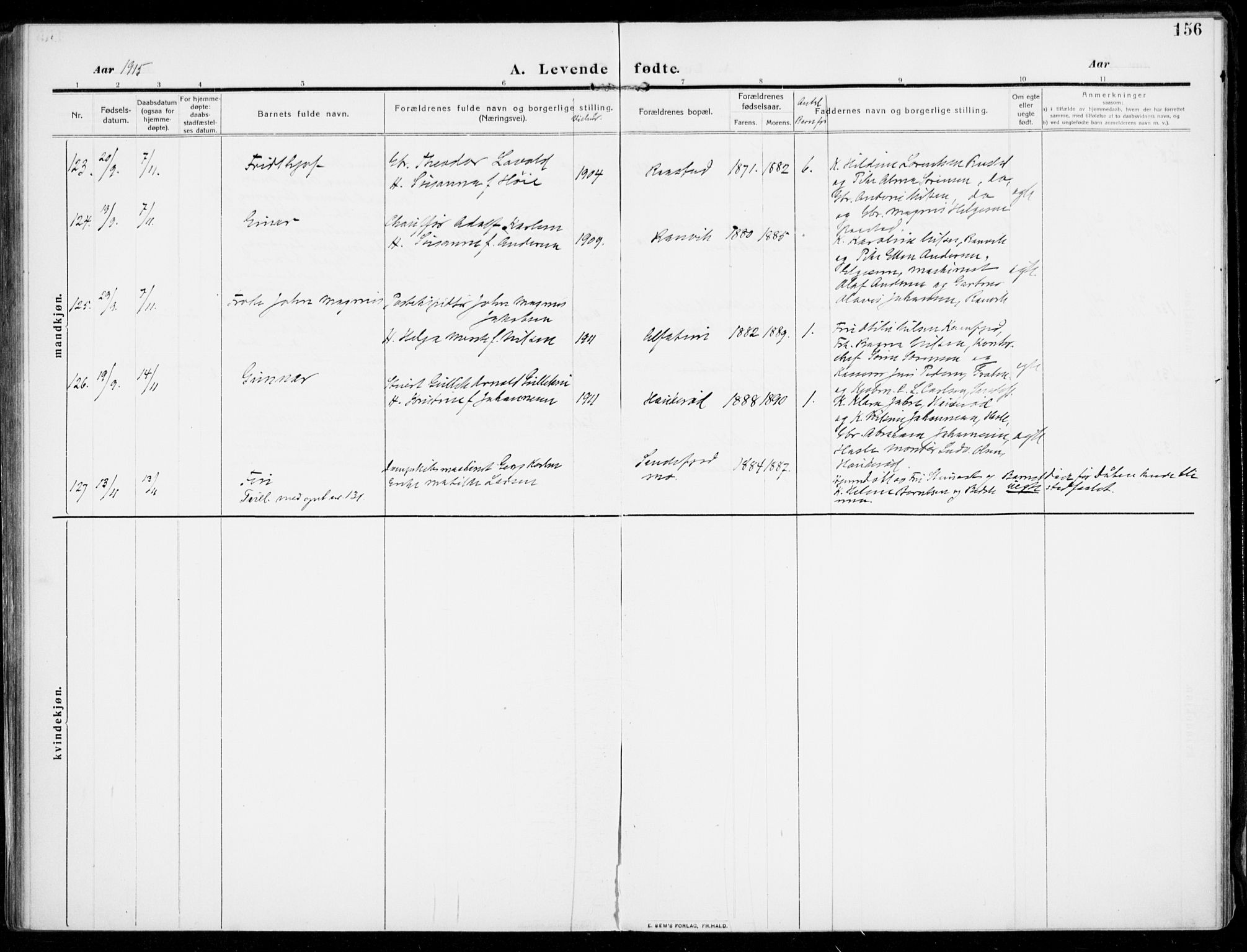 Sandar kirkebøker, AV/SAKO-A-243/F/Fa/L0016: Parish register (official) no. 16, 1909-1919, p. 156