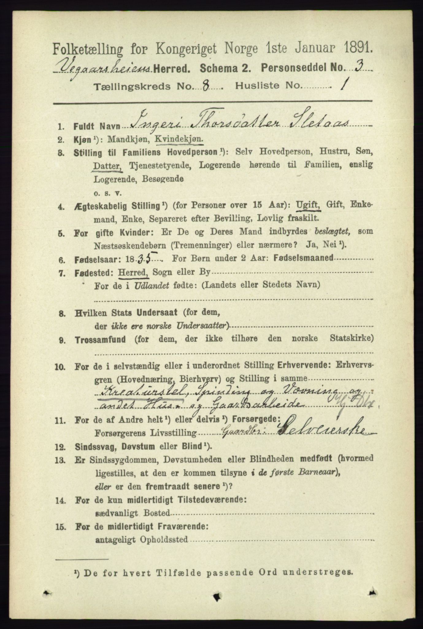 RA, 1891 census for 0912 Vegårshei, 1891, p. 1529