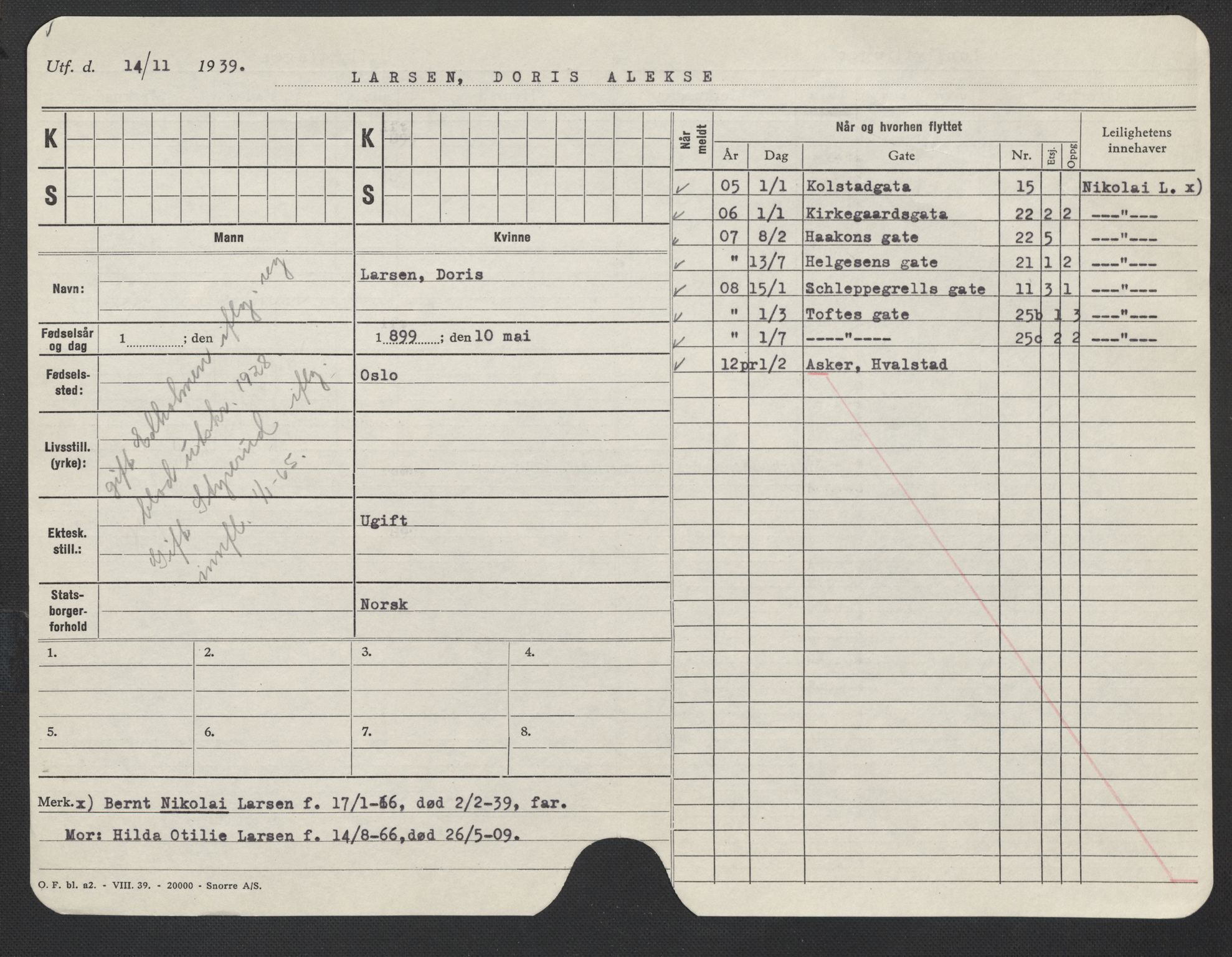 Oslo folkeregister, Registerkort, AV/SAO-A-11715/F/Fa/Fac/L0019: Kvinner, 1906-1914, p. 850a