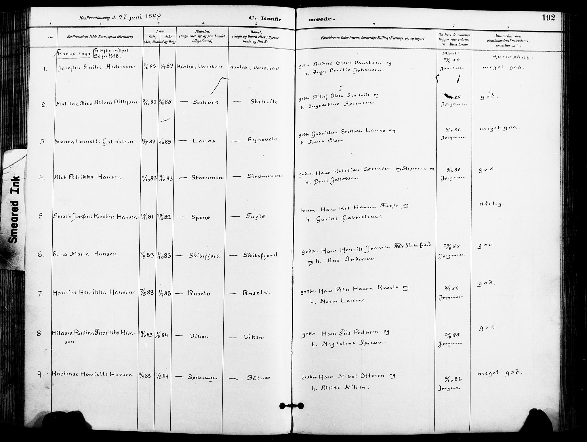 Karlsøy sokneprestembete, AV/SATØ-S-1299/H/Ha/Haa/L0007kirke: Parish register (official) no. 7, 1891-1902, p. 192