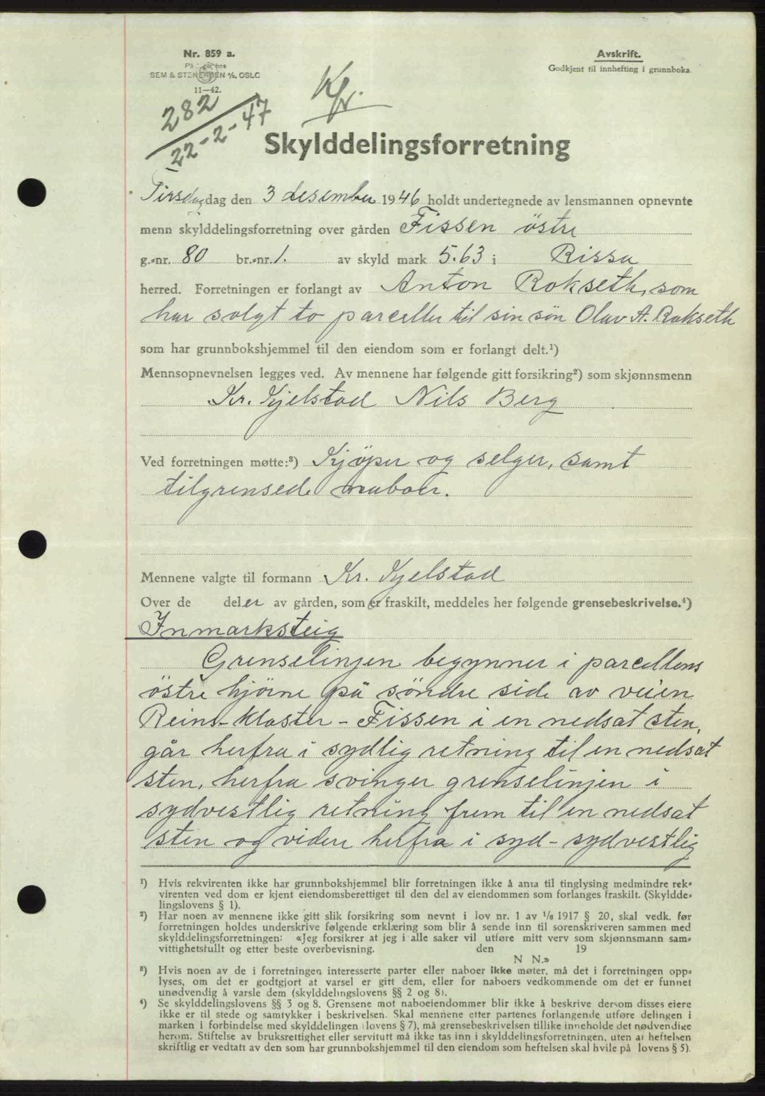 Fosen sorenskriveri, AV/SAT-A-1107/1/2/2C: Mortgage book no. A4-6, 1946-1947, Diary no: : 282/1947