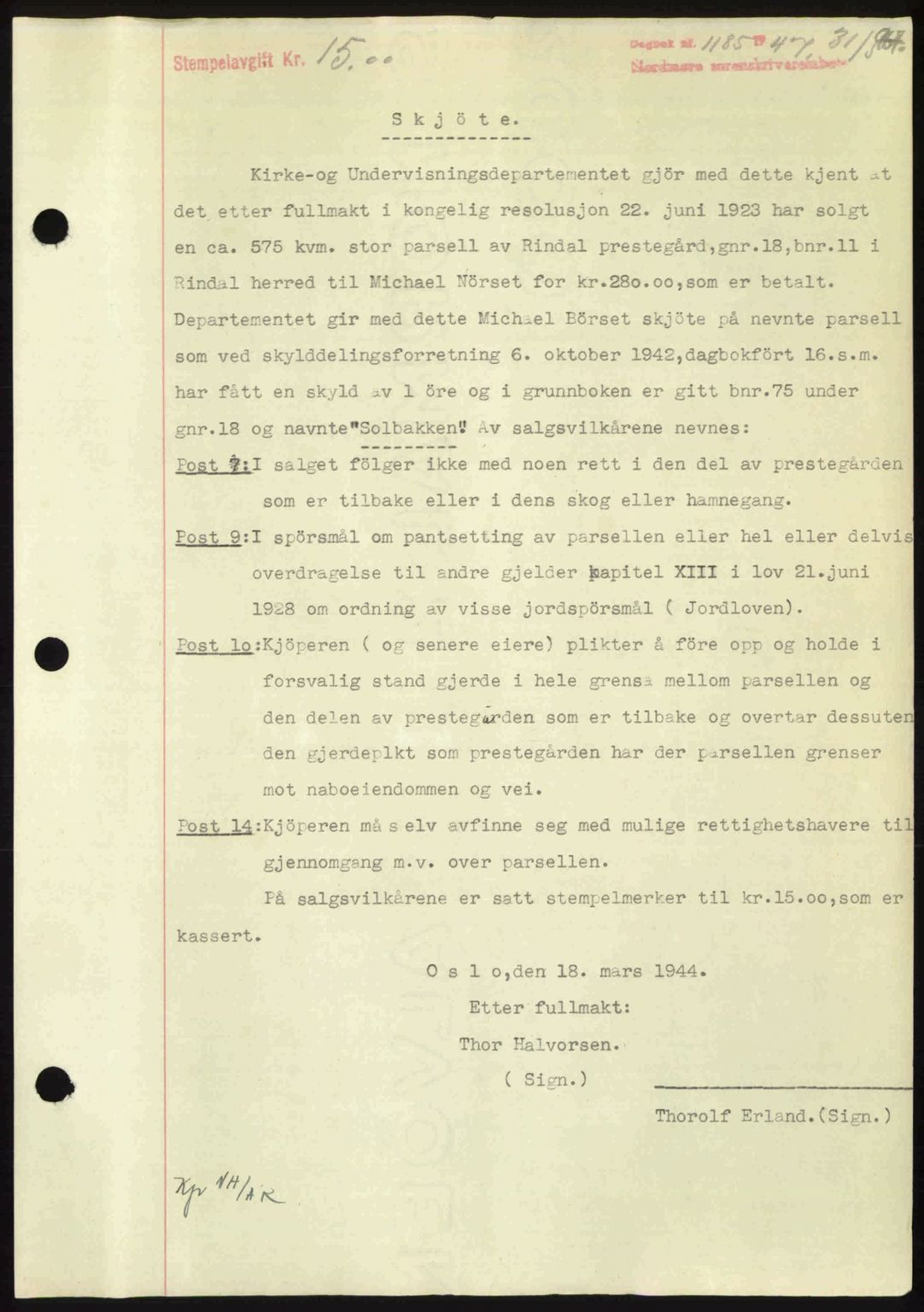 Nordmøre sorenskriveri, AV/SAT-A-4132/1/2/2Ca: Mortgage book no. A104, 1947-1947, Diary no: : 1185/1947