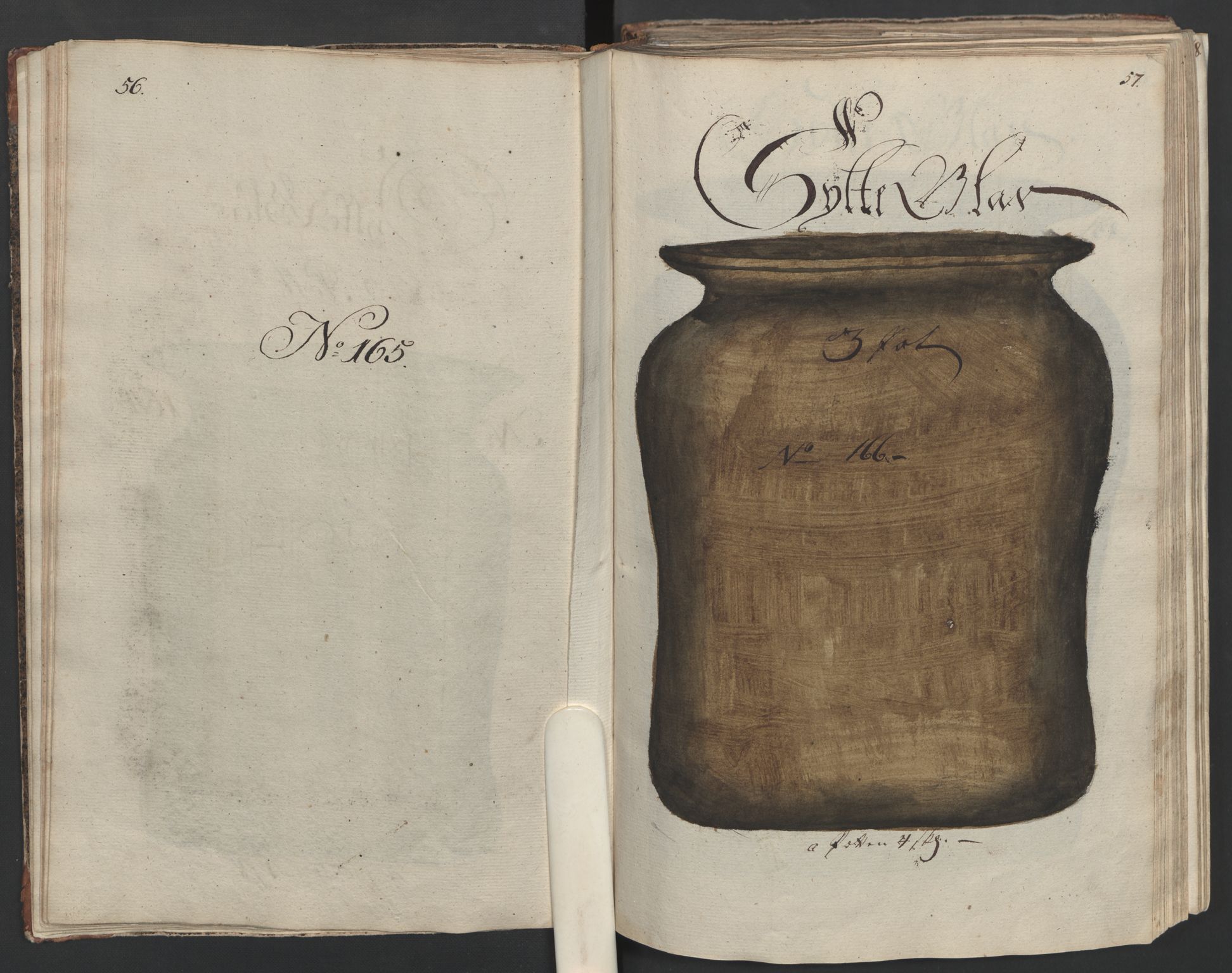 Glassverk, samlinger, AV/RA-PA-0001/F/Fa/L0036: Modellbok for Nøstetangens og Aas' produkter med prisangivelse,, 1763, p. 56-57