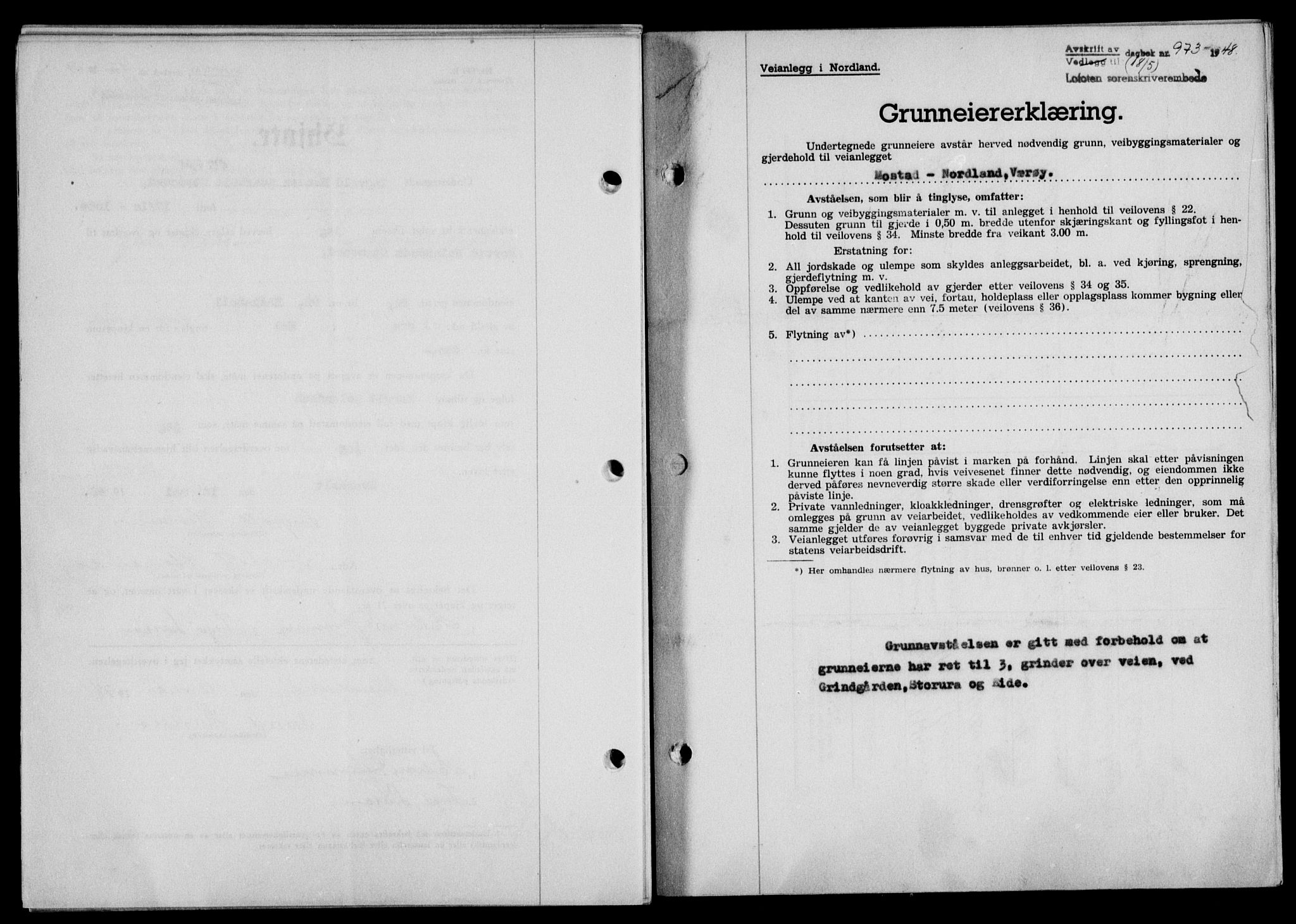 Lofoten sorenskriveri, SAT/A-0017/1/2/2C/L0018a: Mortgage book no. 18a, 1948-1948, Diary no: : 973/1948