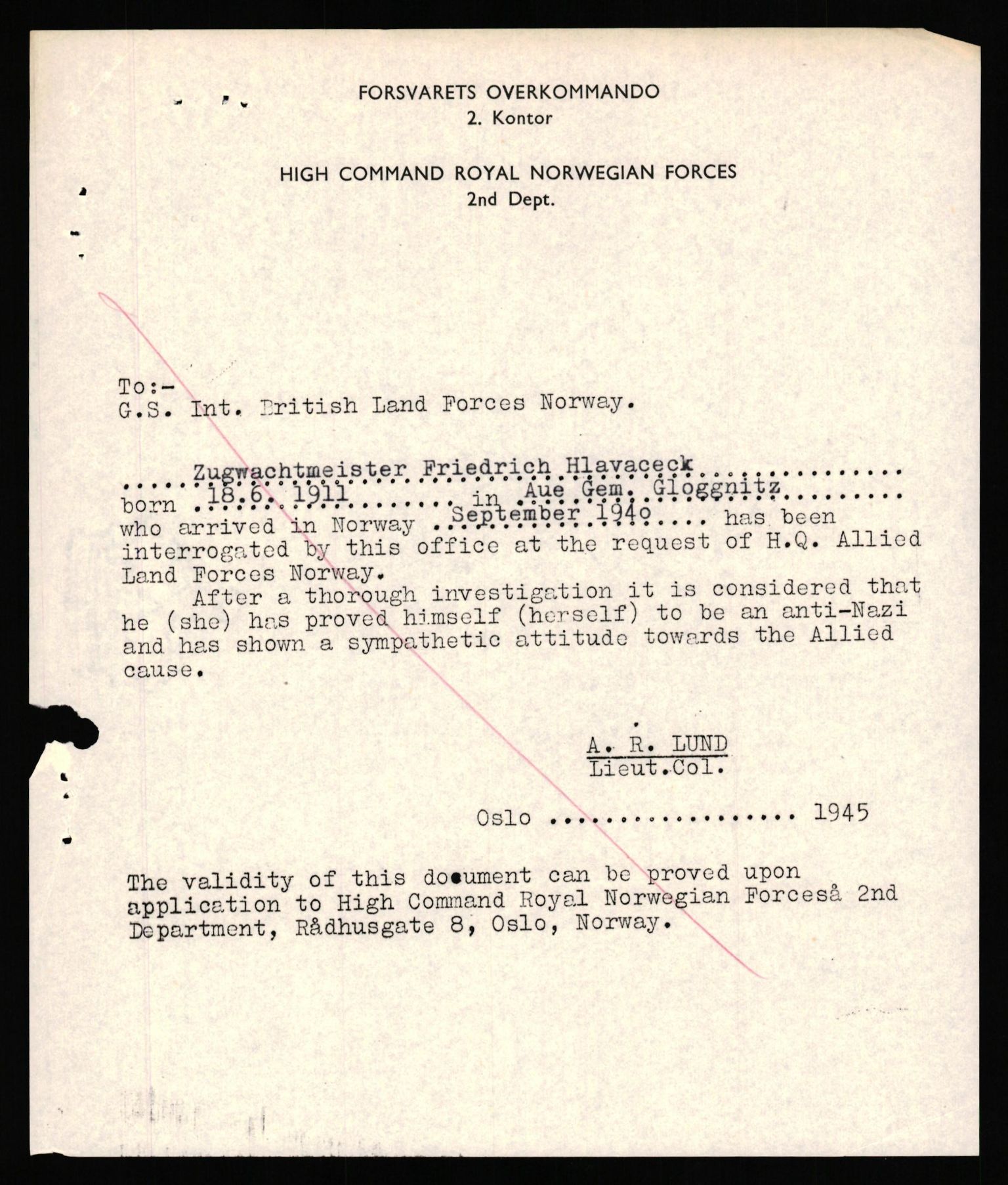 Forsvaret, Forsvarets overkommando II, RA/RAFA-3915/D/Db/L0038: CI Questionaires. Tyske okkupasjonsstyrker i Norge. Østerrikere., 1945-1946, p. 446