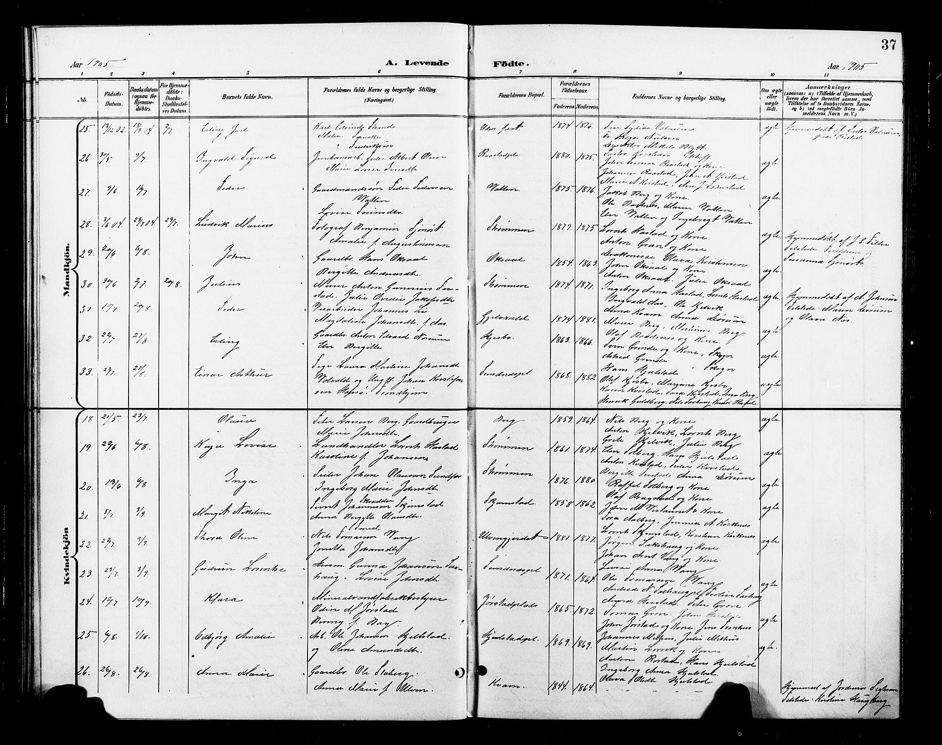 Ministerialprotokoller, klokkerbøker og fødselsregistre - Nord-Trøndelag, AV/SAT-A-1458/730/L0302: Parish register (copy) no. 730C05, 1898-1924, p. 37