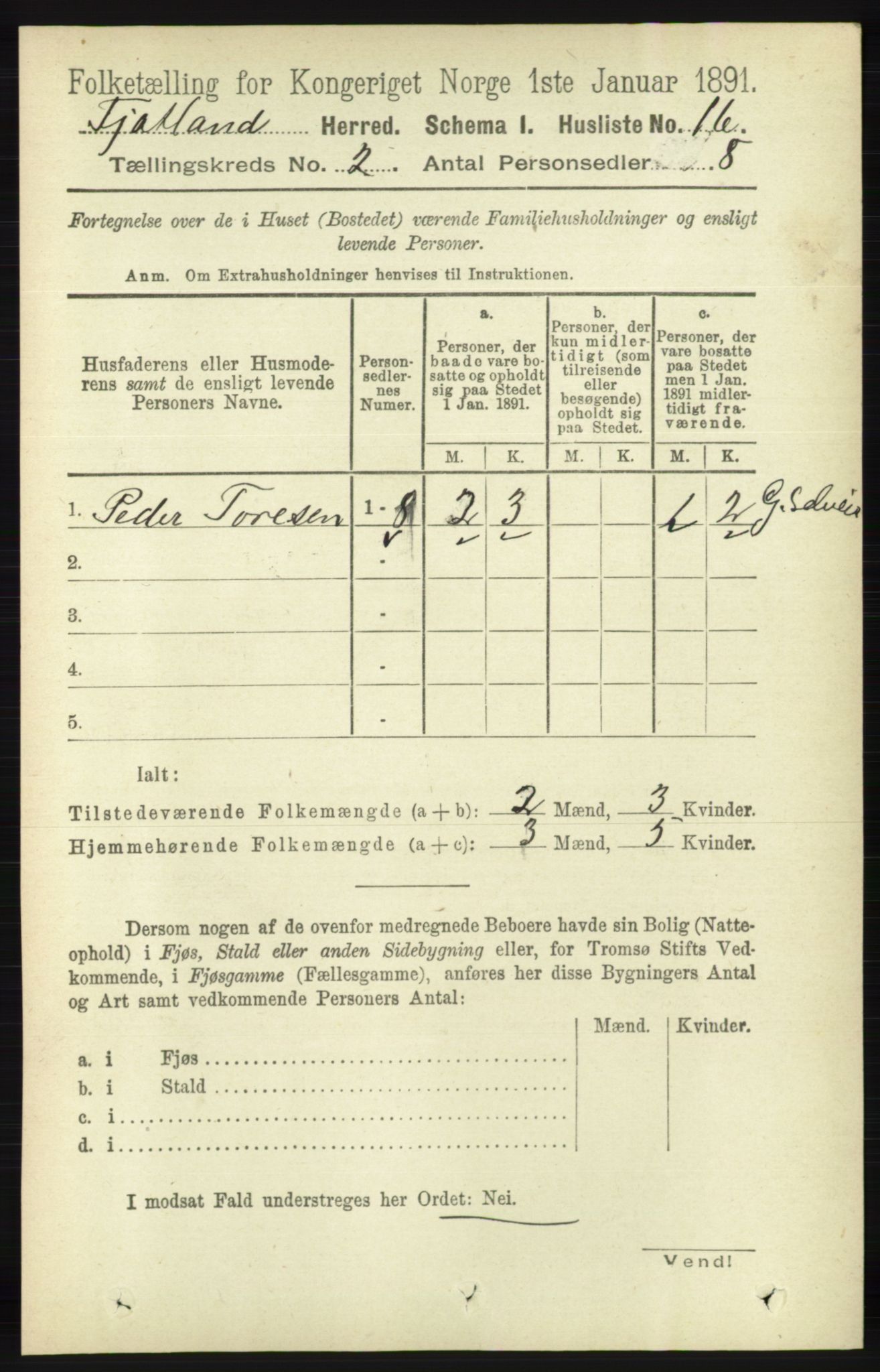 RA, 1891 census for 1036 Fjotland, 1891, p. 226