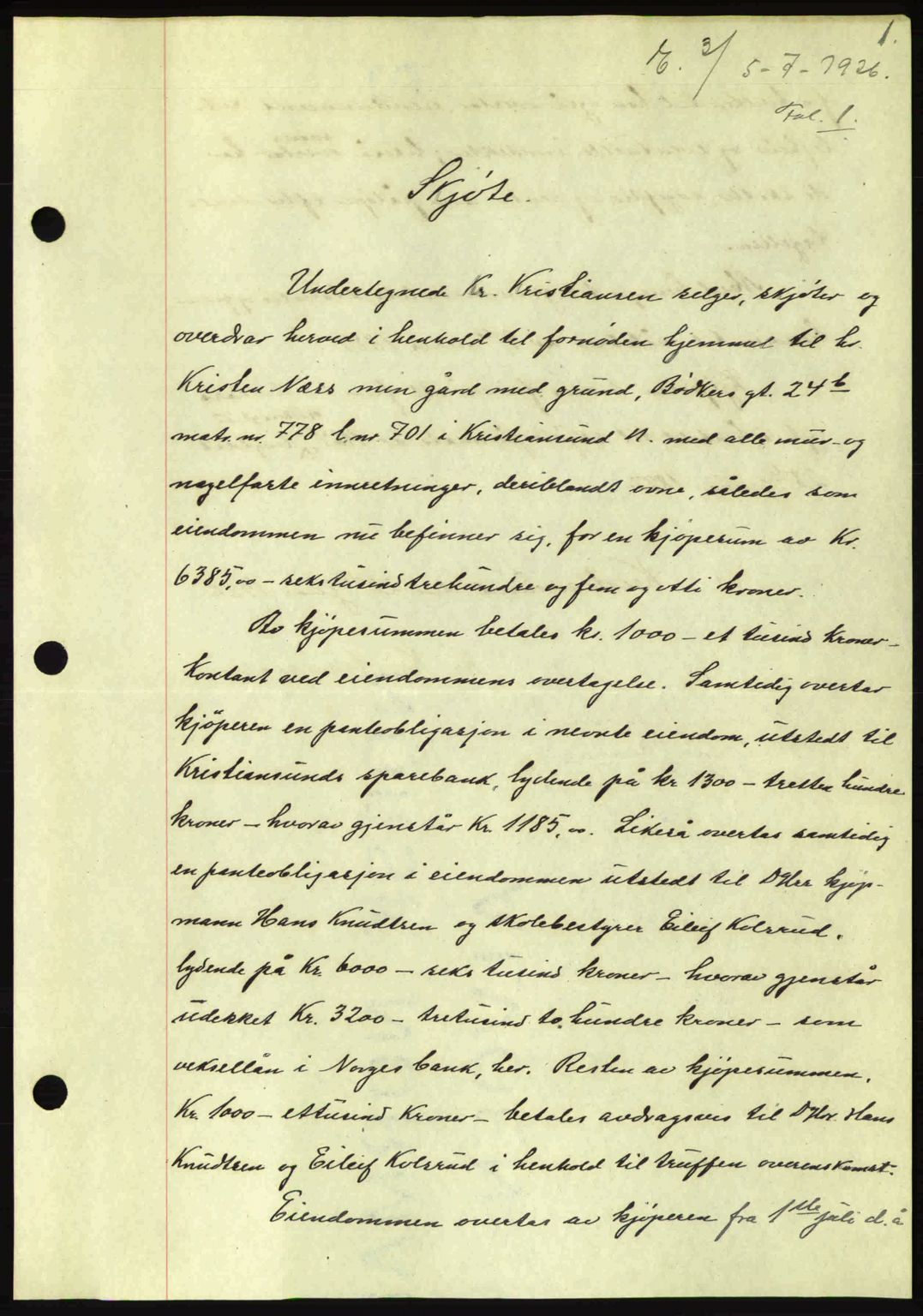 Kristiansund byfogd, AV/SAT-A-4587/A/27: Mortgage book no. 21, 1926-1928, Deed date: 05.07.1926