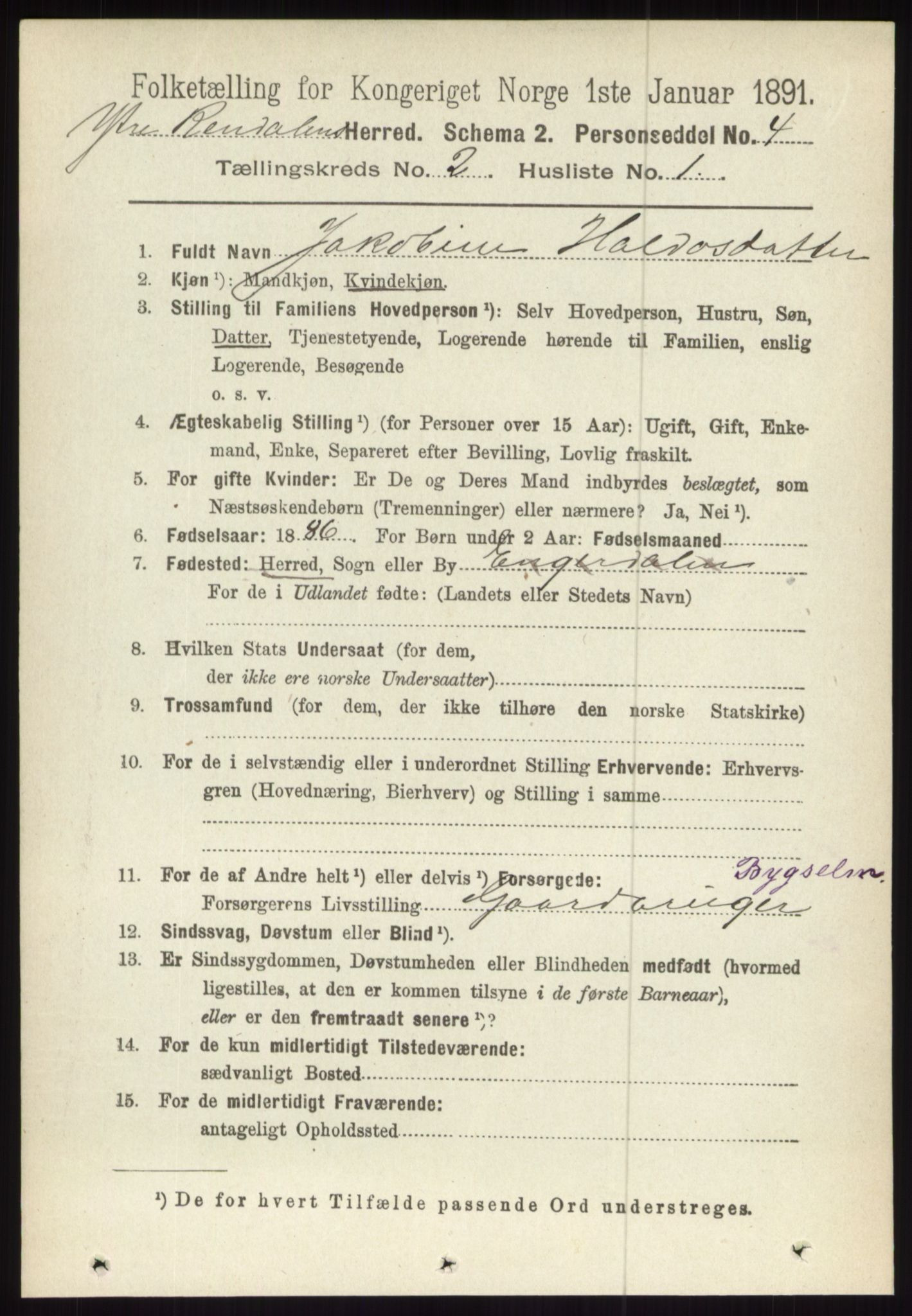 RA, 1891 census for 0432 Ytre Rendal, 1891, p. 296