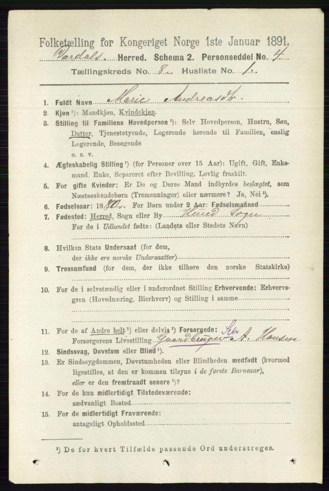 RA, 1891 census for 0527 Vardal, 1891, p. 3693