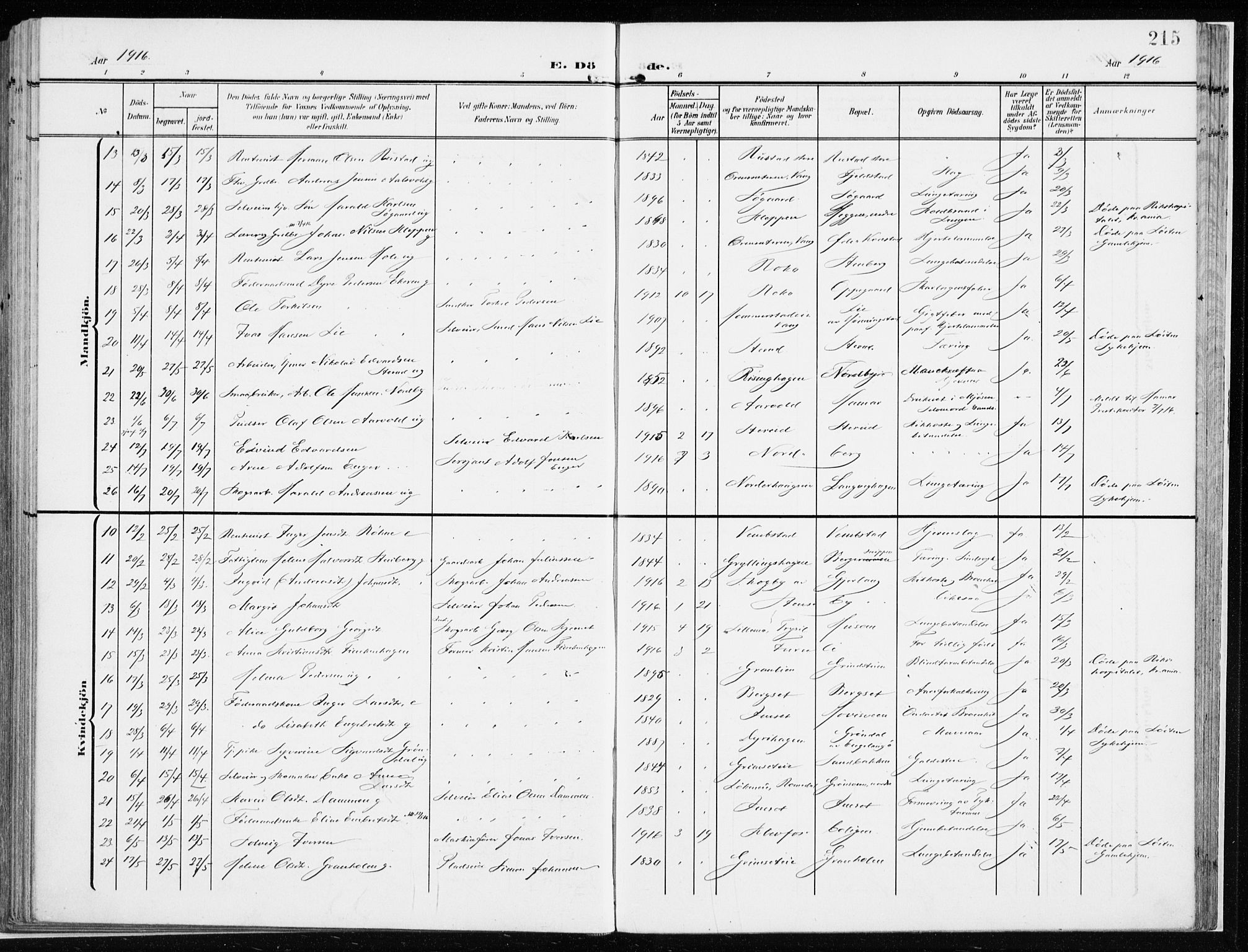 Løten prestekontor, AV/SAH-PREST-022/K/Ka/L0011: Parish register (official) no. 11, 1908-1917, p. 215