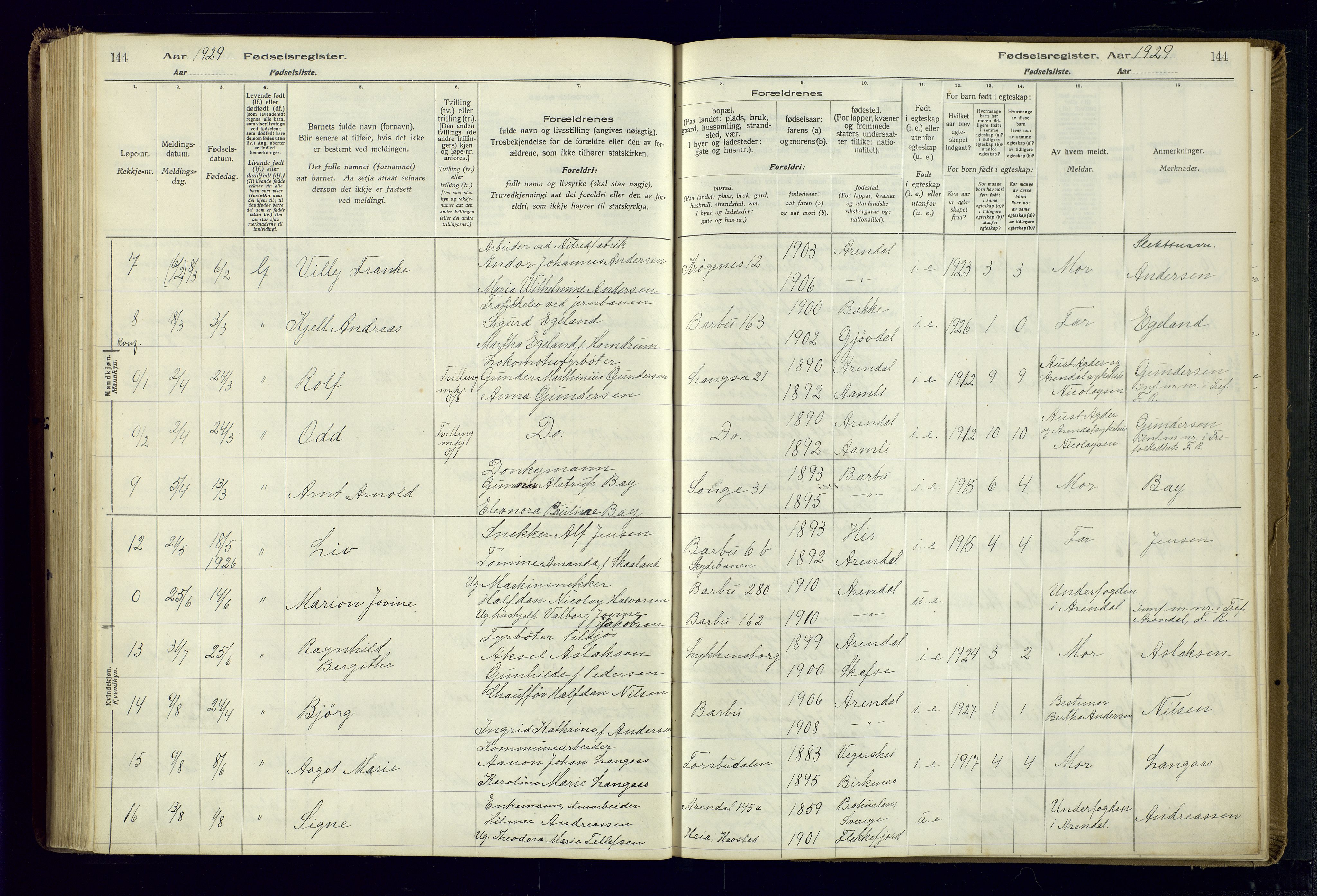 Barbu sokneprestkontor, AV/SAK-1111-0003/J/Ja/L0001: Birth register no. A-VIII-1, 1916-1937, p. 144