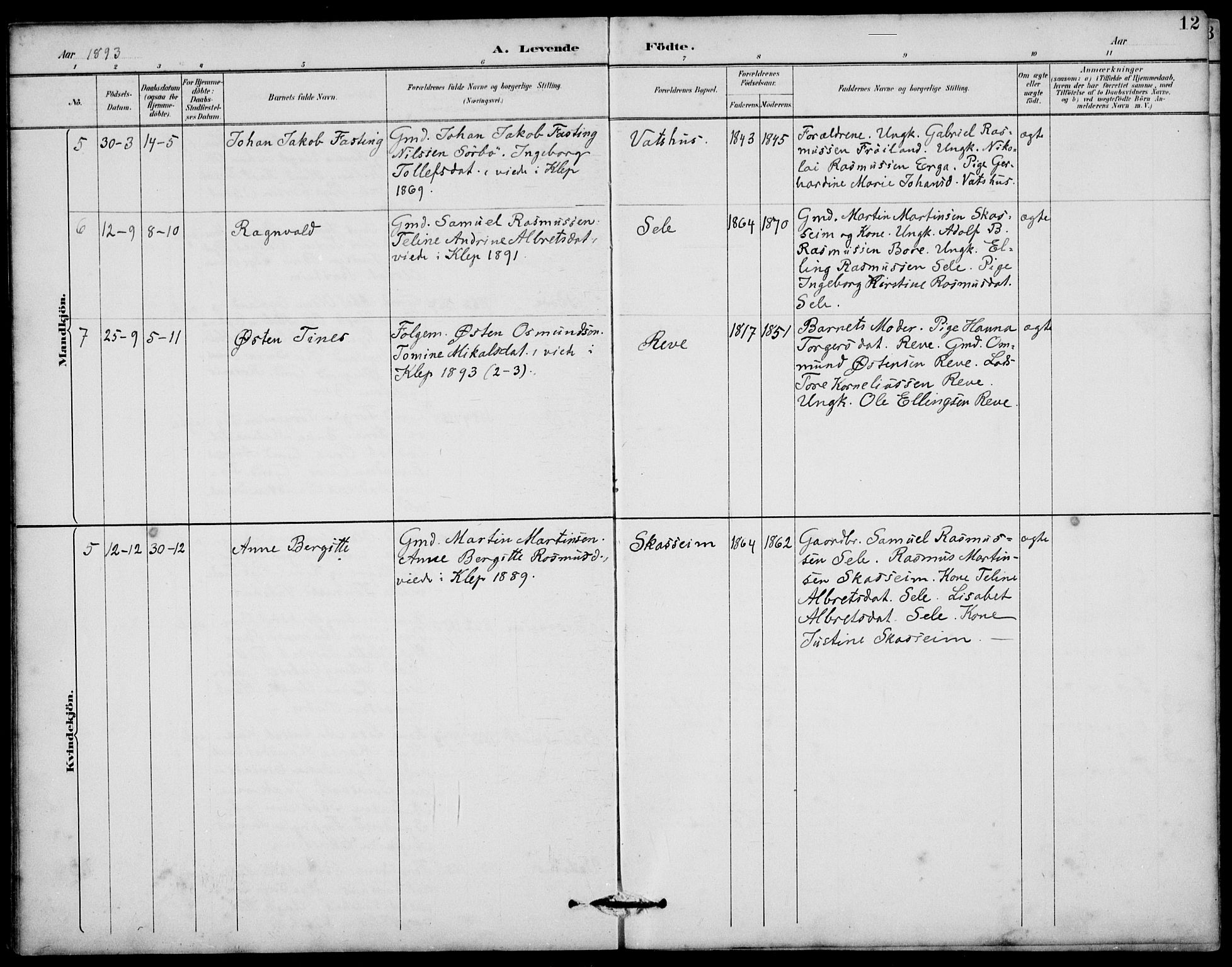 Klepp sokneprestkontor, AV/SAST-A-101803/001/3/30BB/L0006: Parish register (copy) no. B 6, 1889-1936, p. 12