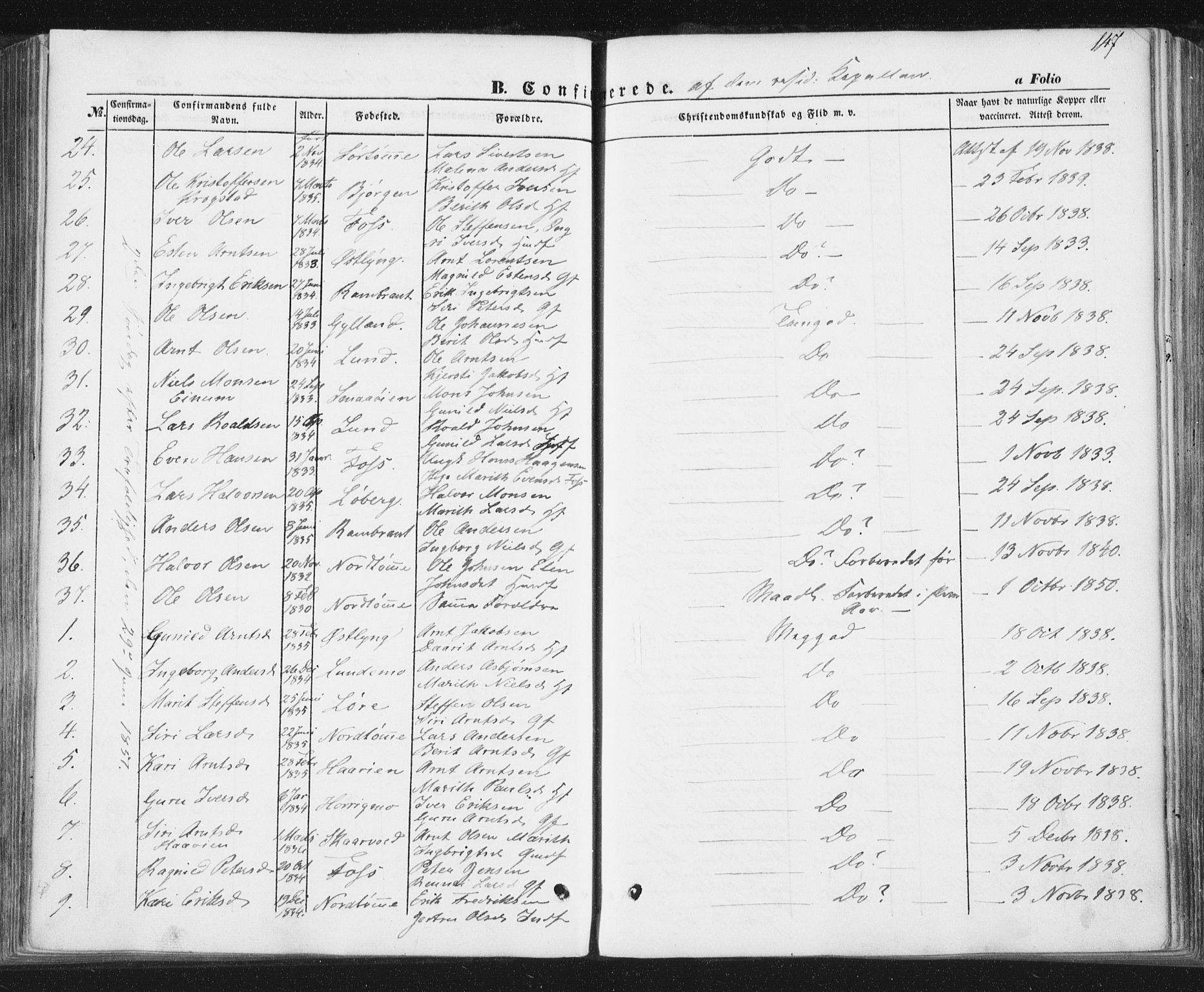 Ministerialprotokoller, klokkerbøker og fødselsregistre - Sør-Trøndelag, SAT/A-1456/692/L1103: Parish register (official) no. 692A03, 1849-1870, p. 147