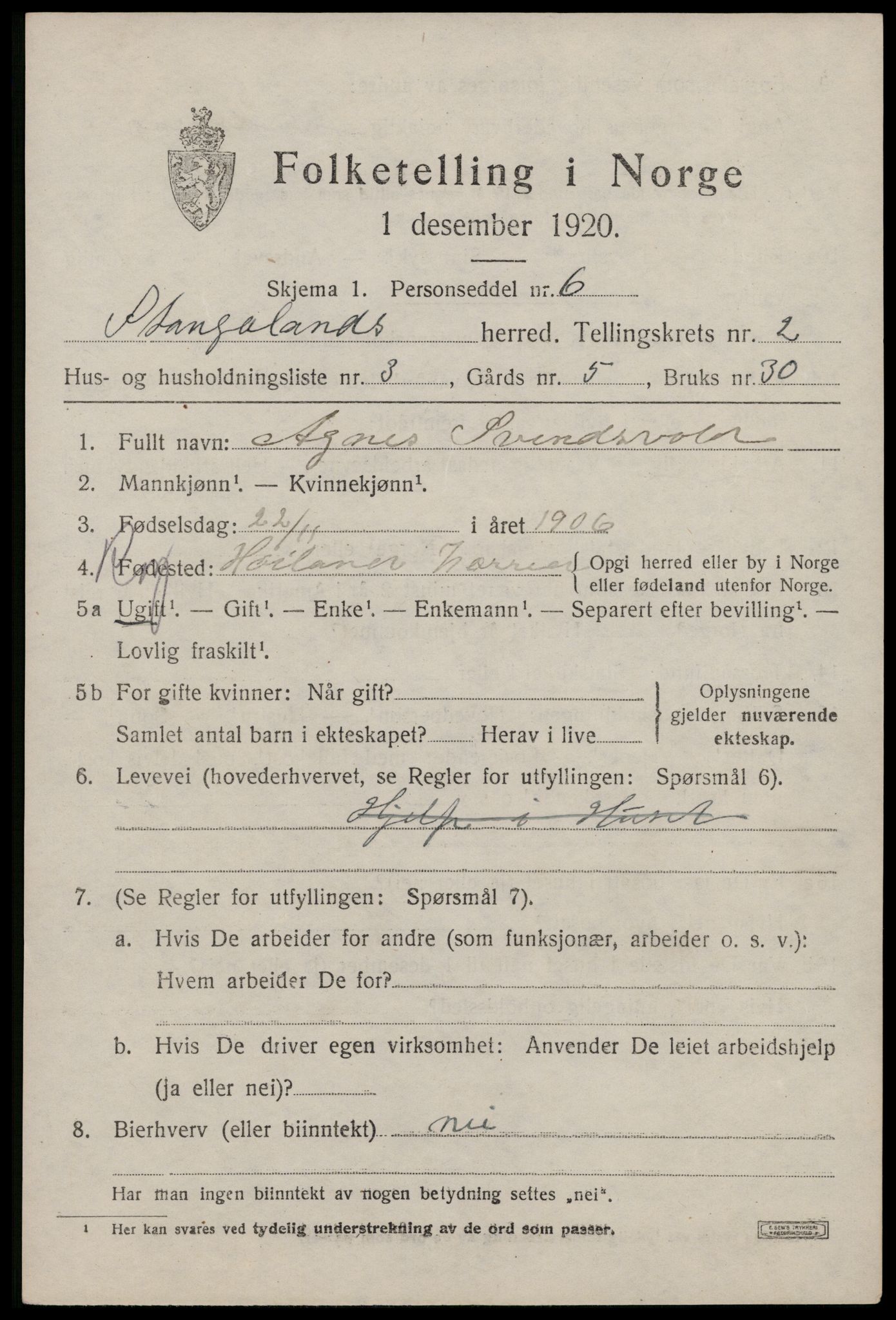 SAST, 1920 census for Stangaland, 1920, p. 1233