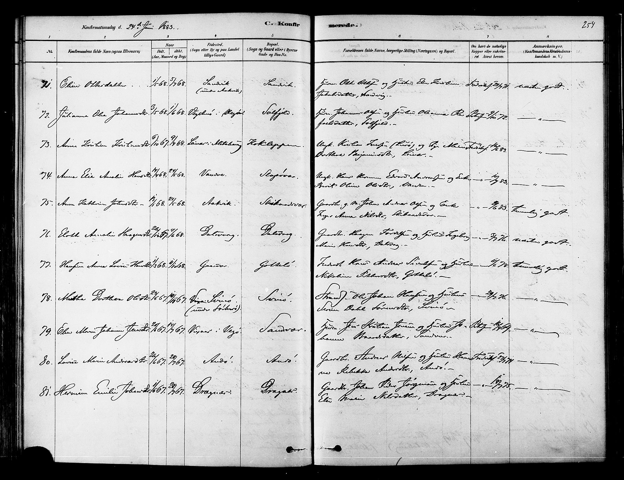 Ministerialprotokoller, klokkerbøker og fødselsregistre - Nordland, AV/SAT-A-1459/834/L0507: Parish register (official) no. 834A05, 1878-1892, p. 254