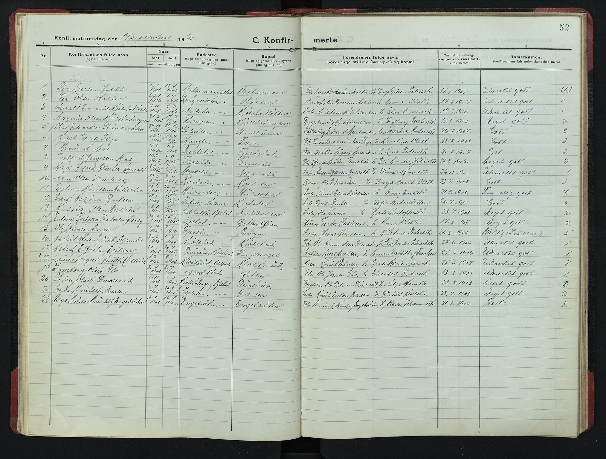 Sør-Odal prestekontor, AV/SAH-PREST-030/H/Ha/Hab/L0010: Parish register (copy) no. 10, 1920-1953, p. 52