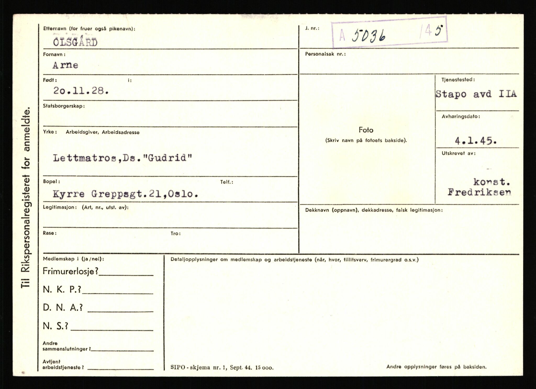 Statspolitiet - Hovedkontoret / Osloavdelingen, AV/RA-S-1329/C/Ca/L0012: Oanæs - Quistgaard	, 1943-1945, p. 1926