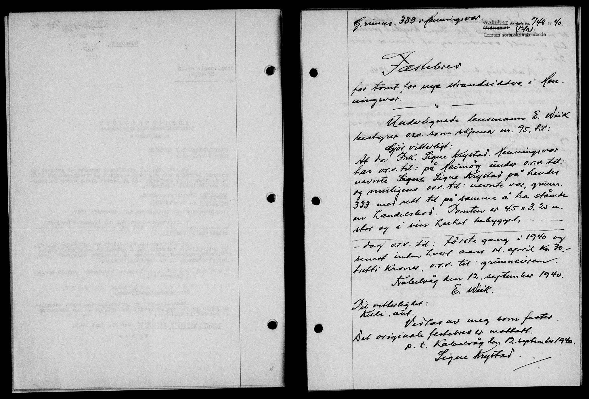 Lofoten sorenskriveri, SAT/A-0017/1/2/2C/L0007a: Mortgage book no. 7a, 1939-1940, Diary no: : 748/1940