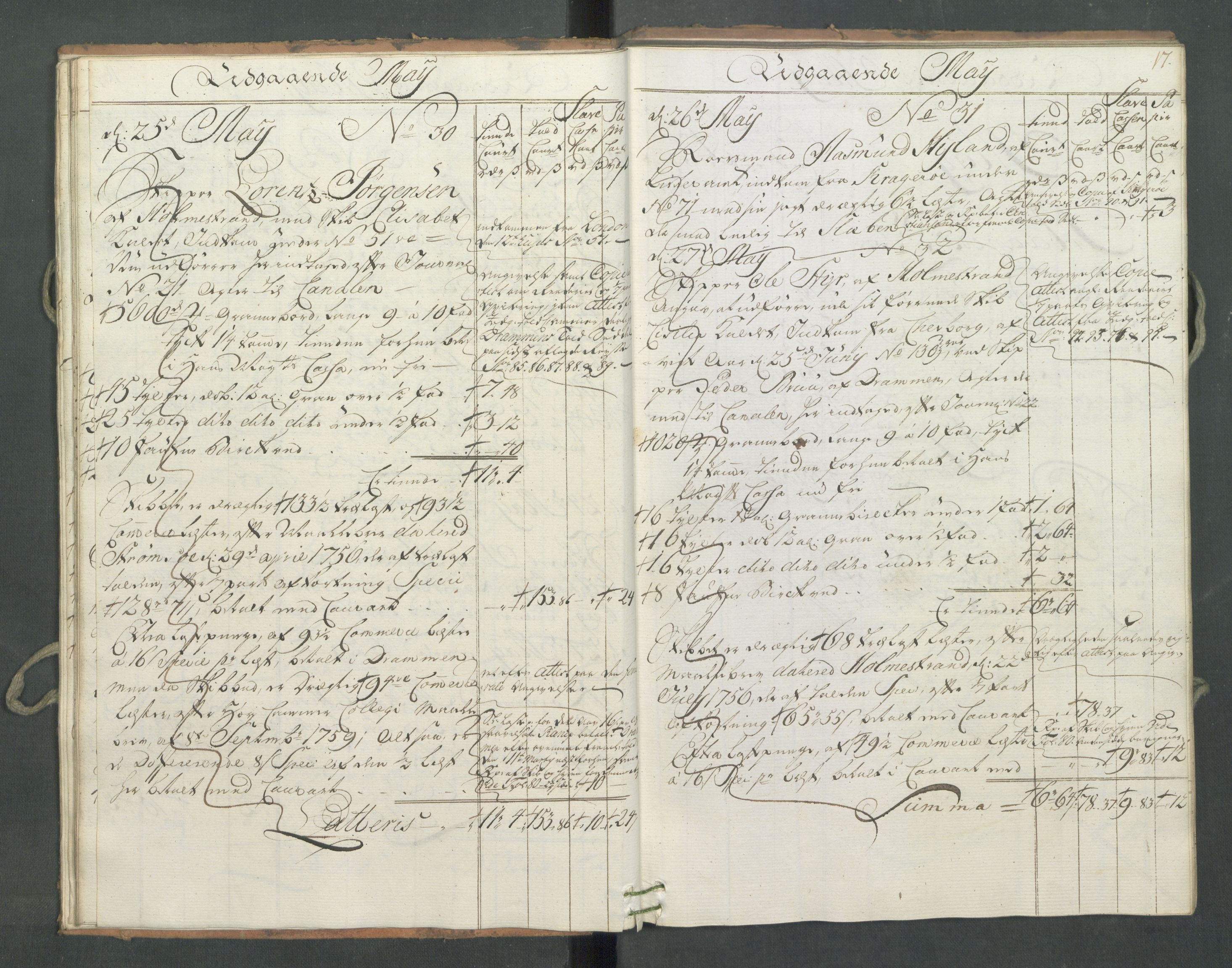 Generaltollkammeret, tollregnskaper, AV/RA-EA-5490/R09/L0034/0001: Tollregnskaper Holmestrand / Utgående hovedtollbok, 1762, p. 16b-17a