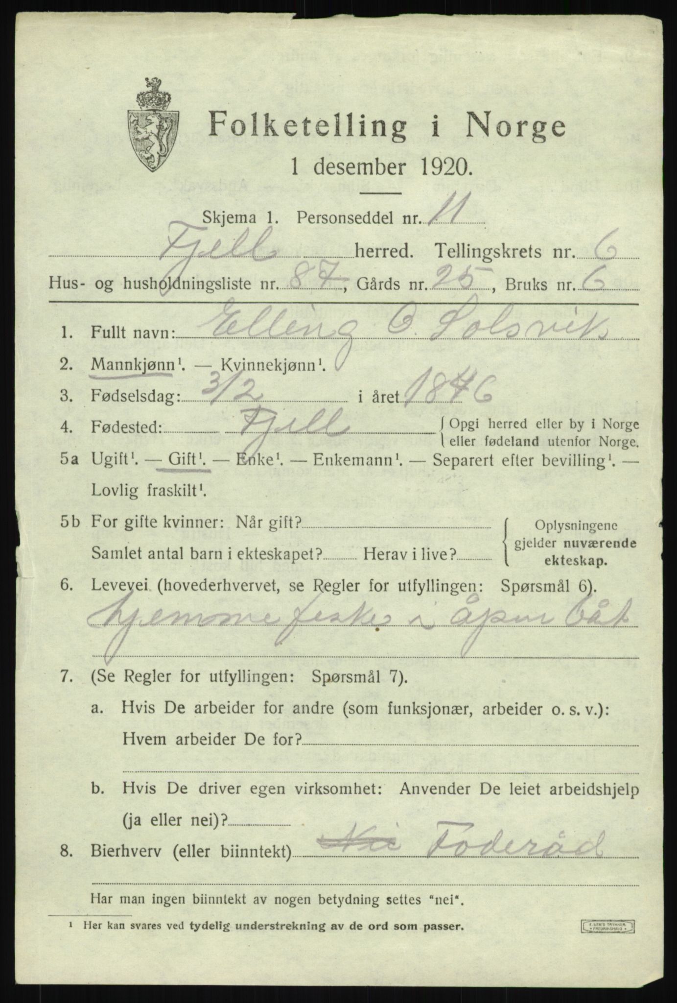 SAB, 1920 census for Fjell, 1920, p. 6402