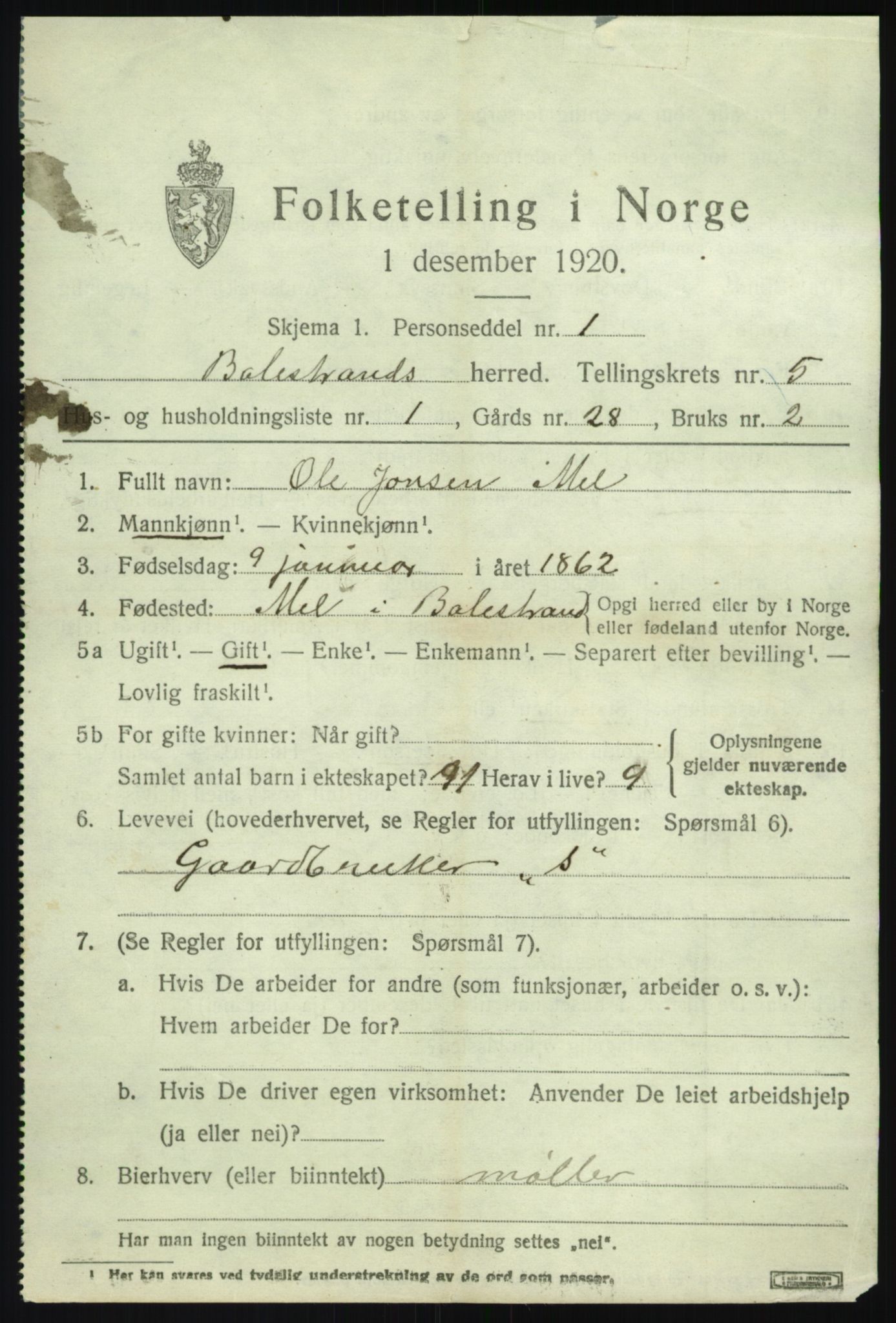 SAB, 1920 census for Balestrand, 1920, p. 2486